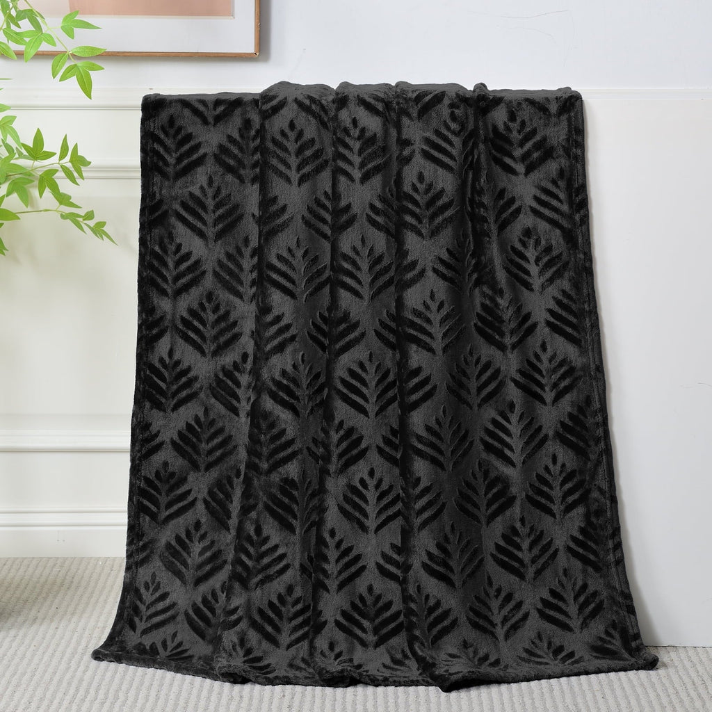 Decorative Knitted Fleece Throw Blanket for Couch, Leaves Pattern Super Soft and Cozy Blankets, Plush Fuzzy Lightweight, Black, 50"x60" - Cozy Fleece Throw Blanket for Couch & Bed Detail