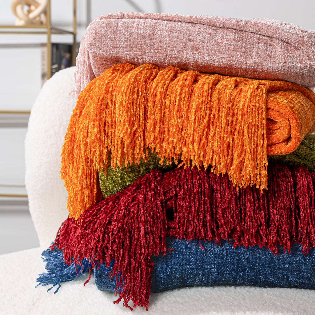 Reversible Sherpa Mustard Yellow Chenille Throw Blanket for Couch, Soft Gold Knit Blanket with Tassel Fringe, Woven Chenille Knitted De... - Cozy Fleece Throw Blanket for Couch & Bed Detail
