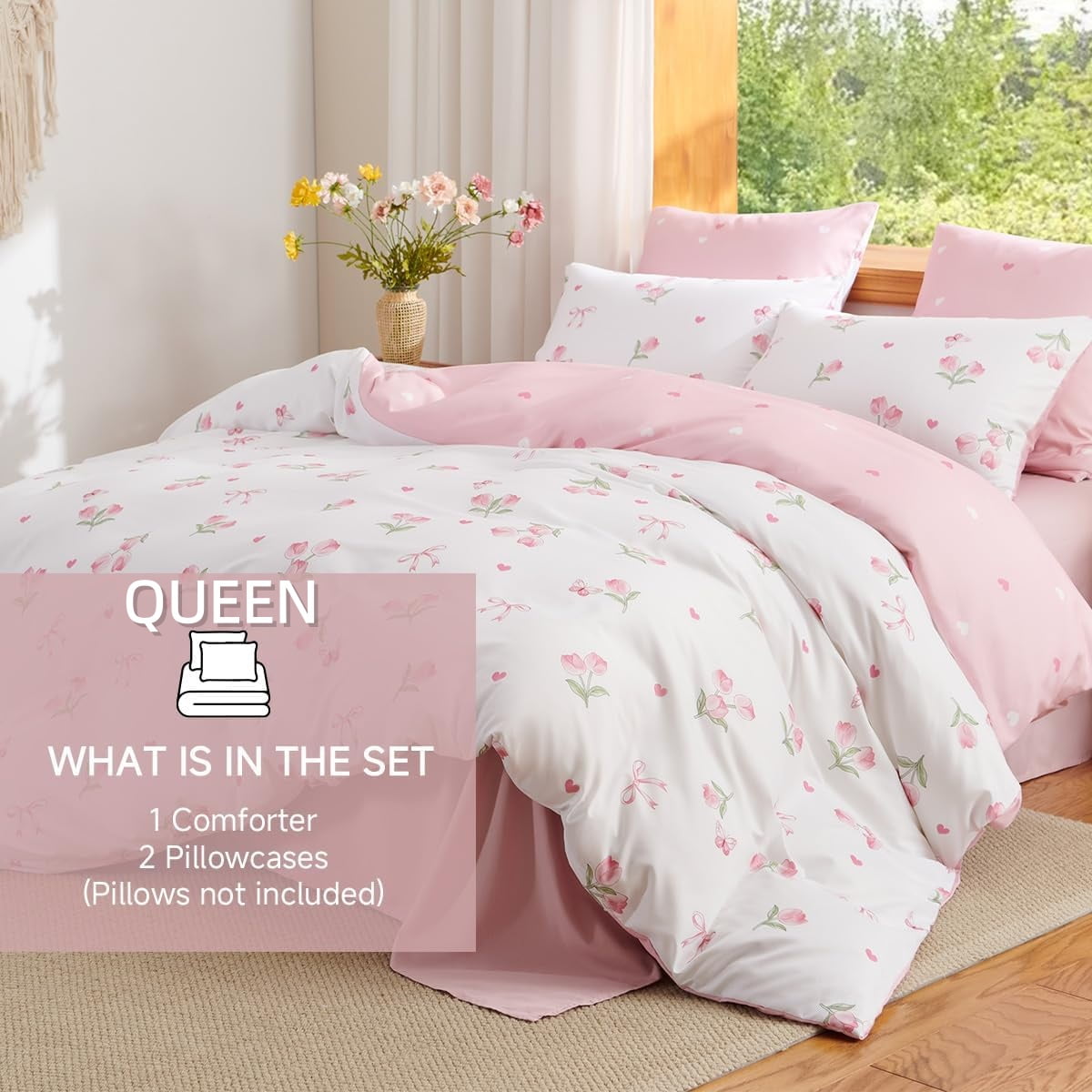 Hypoallergenic Cloud Pink Tulip Queen Comforter Set, 3-Piece Pink Flowers Reversible Soft Bedding Set or Adults All Season - Hypoallergenic Ultra-Fluffy Quilt for Winter Detail