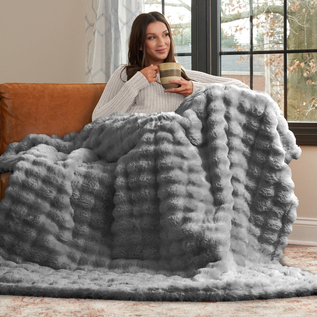 Lightweight Warm Serenade Gray Textured Faux Fur Throw Blanket, 50 x 70 - Lightweight Plush Warm Blanket for All Seasons Detail