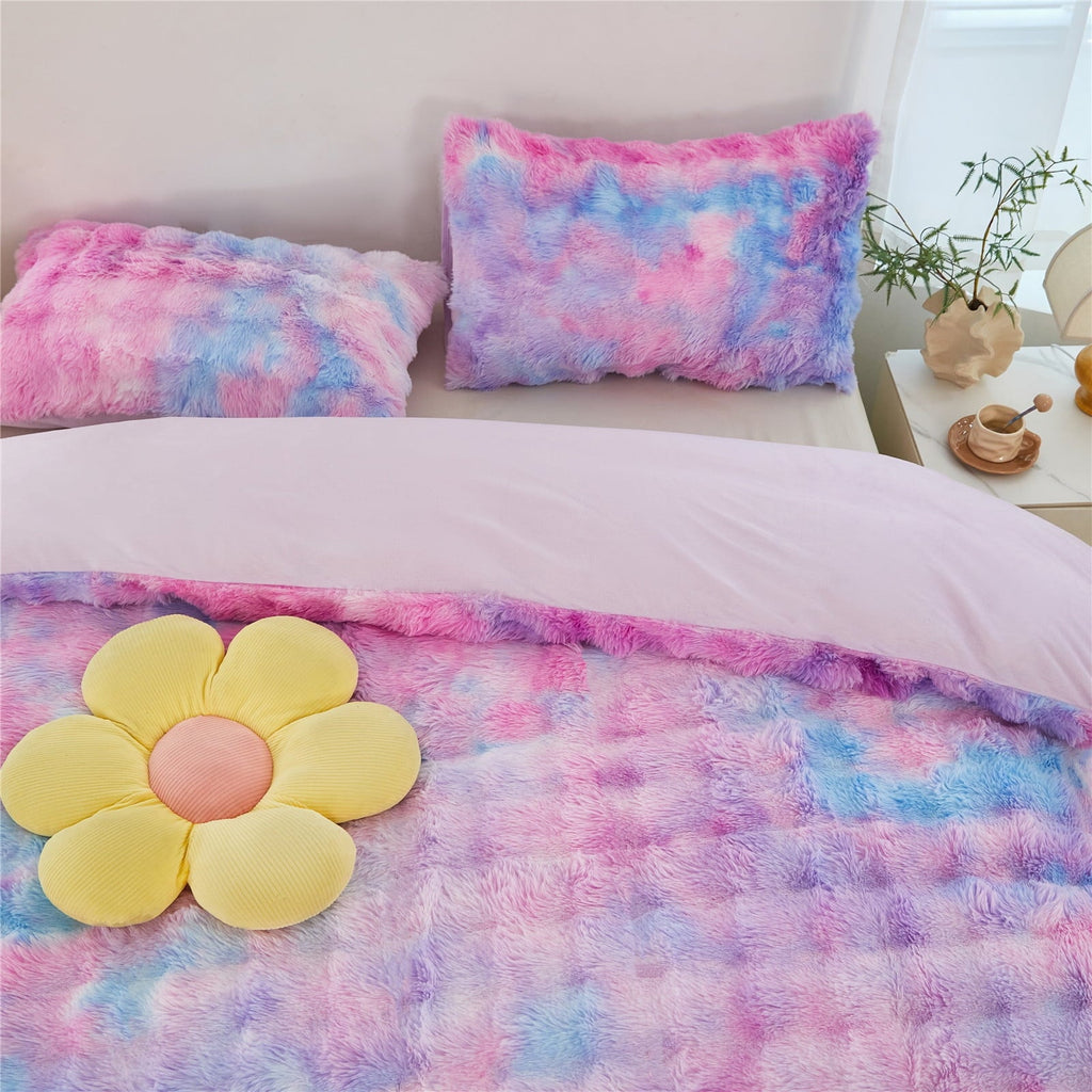 Fluffy Down Alternative Faux Rabbit Fur Comforter Set Twin 3Pcs Girls Blue Purple Bedding Set Tie-Dyeing Soft Bed Comforter Set Warm Fuzzy Ki... - Cloud-Like Soft Lightweight Bed Comforter Detail
