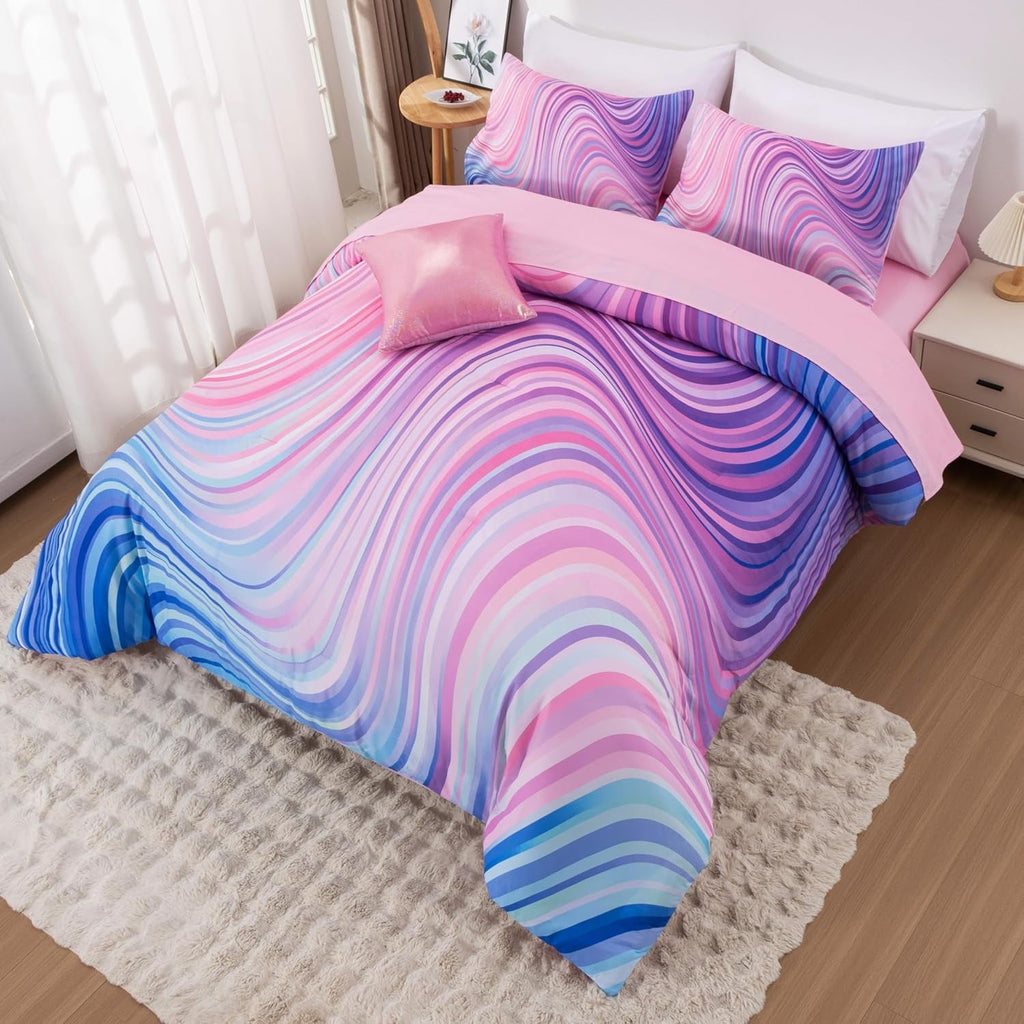 All-Season 6 Pieces Gradient Star Ring Comforter Set, Colorful Glitter Rainbow Wave Stripes Pattern Bedding Set for Boys Girls T... - Hypoallergenic Ultra-Fluffy Quilt for Winter Detail