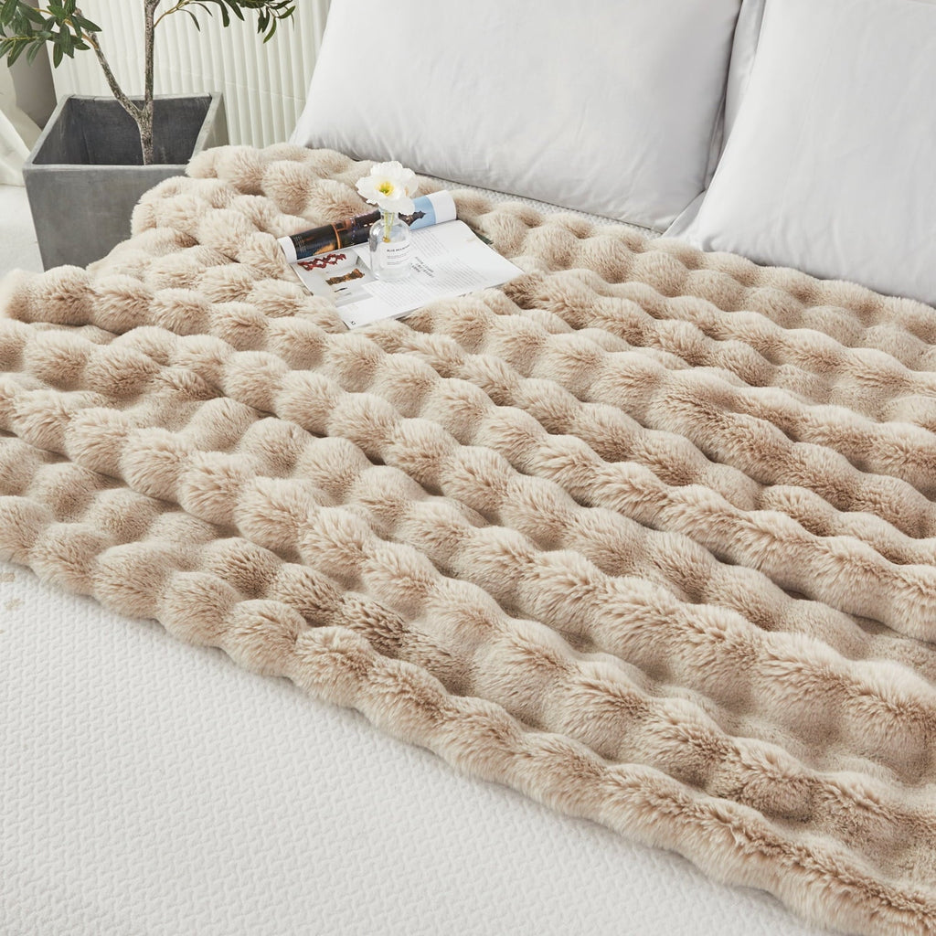 Super Soft Flannel Taupe Faux Fur Bubble Blankets for Couch Chair Sofa Luxury Fluffy Thick Bubble Throw Blanket Furry Blanket Fuzzy Soft... - Cozy Fleece Throw Blanket for Couch & Bed Detail