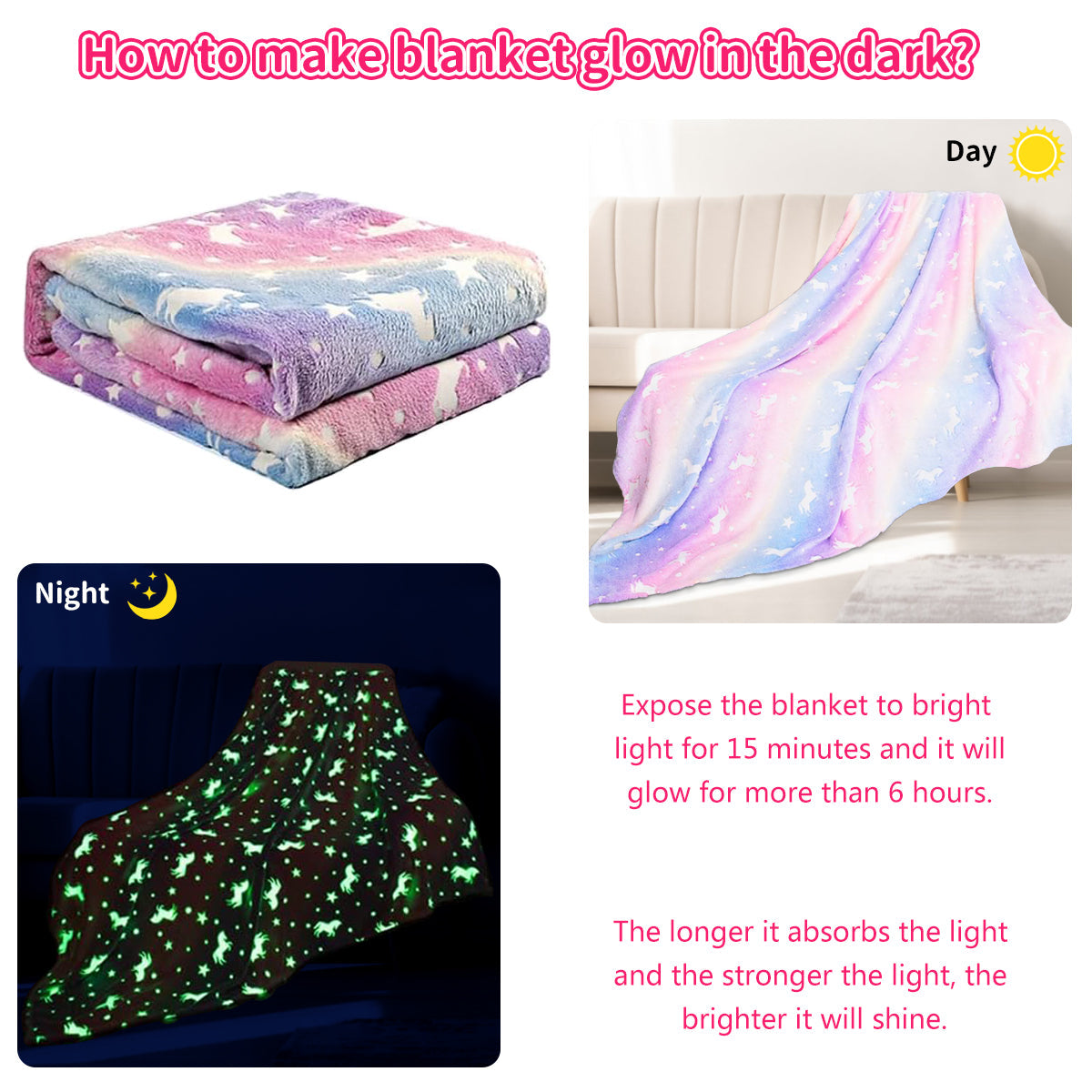 Decorative Knitted Glow in The Dark Pony Blanket for Kids, 50"x60" Soft Cozy Luminous Flannel Blanket, Christmas Birthday Gift for Girls... - Cozy Fleece Throw Blanket for Couch & Bed Detail