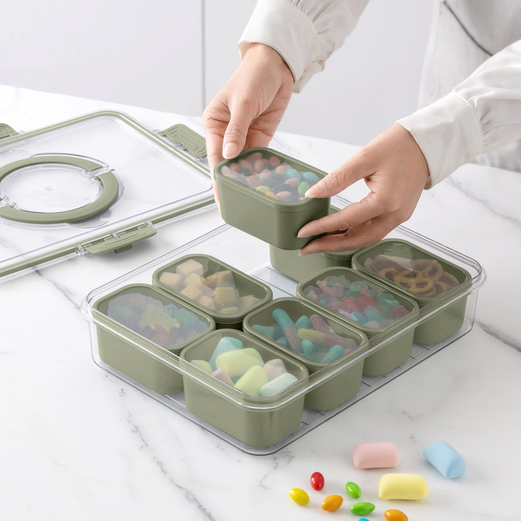 Fun Food Fidget 8-Compartment Snackle Box, Charcuterie and Snack Container, Divided Serving Tray with Lids and Handle, Dishwasher Saf... - Squishy Dohnut Sweet Treat Shaped Stress Toy Detail
