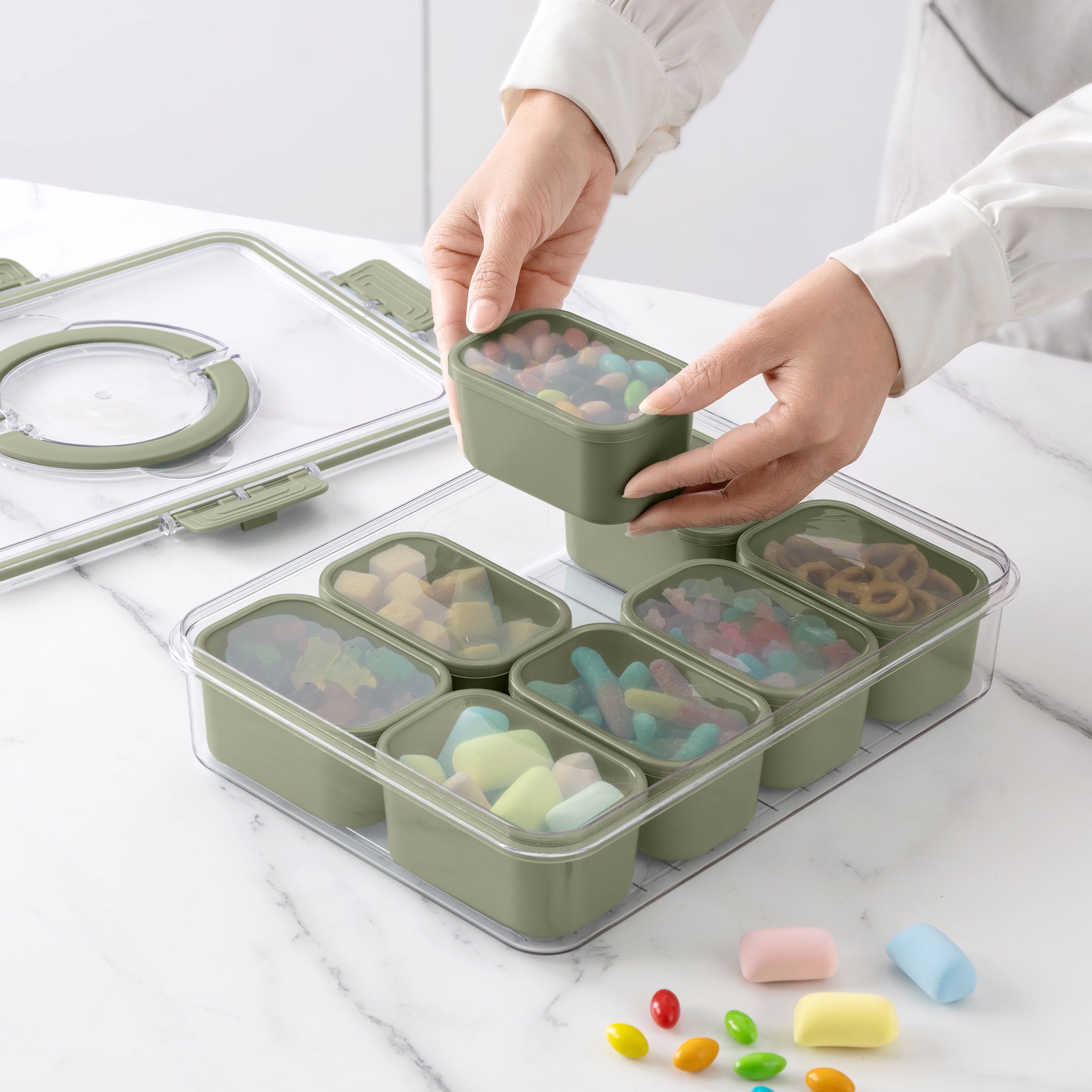 Fun Food Fidget 8-Compartment Snackle Box, Charcuterie and Snack Container, Divided Serving Tray with Lids and Handle, Dishwasher Saf... - Squishy Dohnut Sweet Treat Shaped Stress Toy Detail