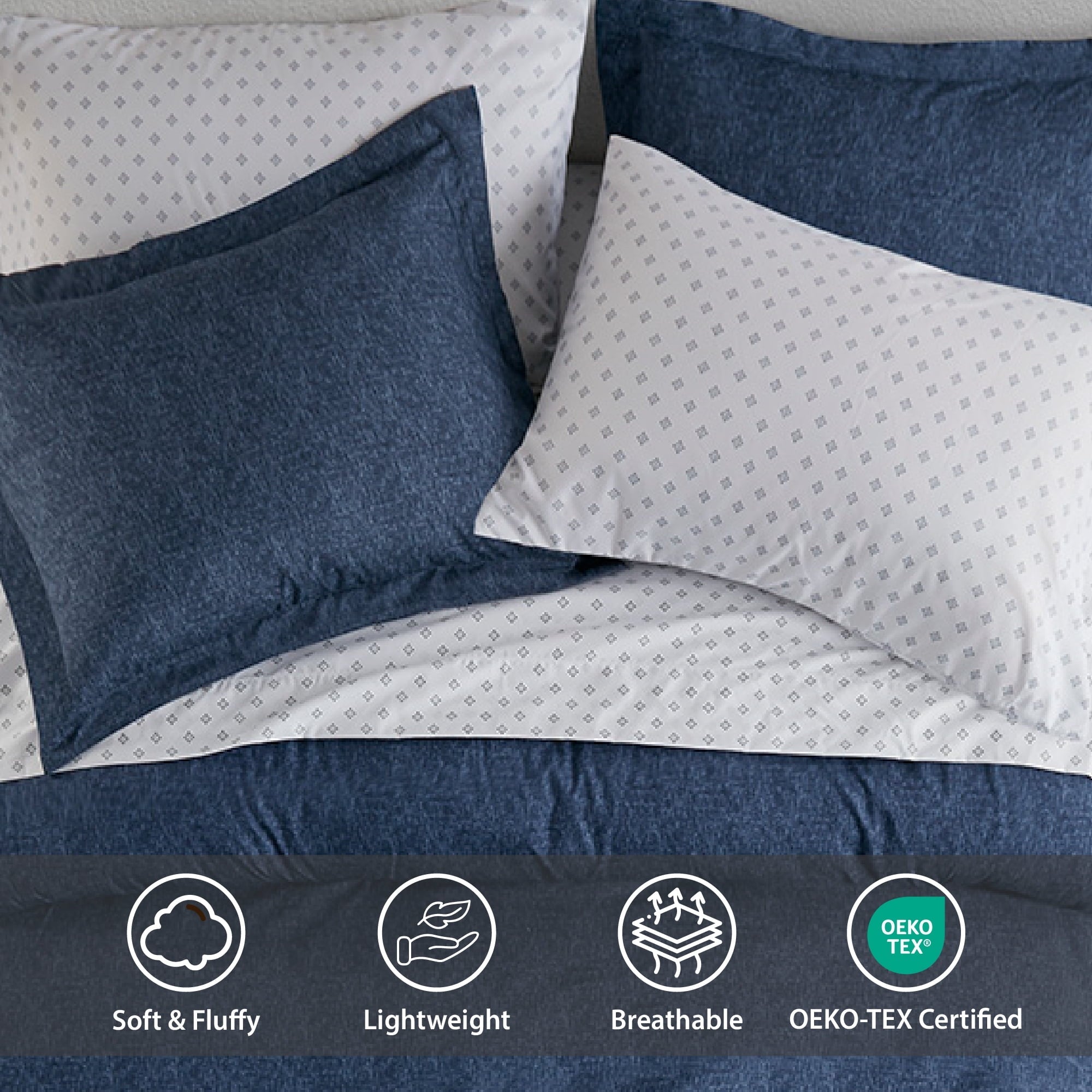 Hypoallergenic Cloud Queen Size Comforter Set, 7-Piece Reversible Bed in a Bag with Sheets, Navy - All-Season Down Alternative Comforter Insert Detail
