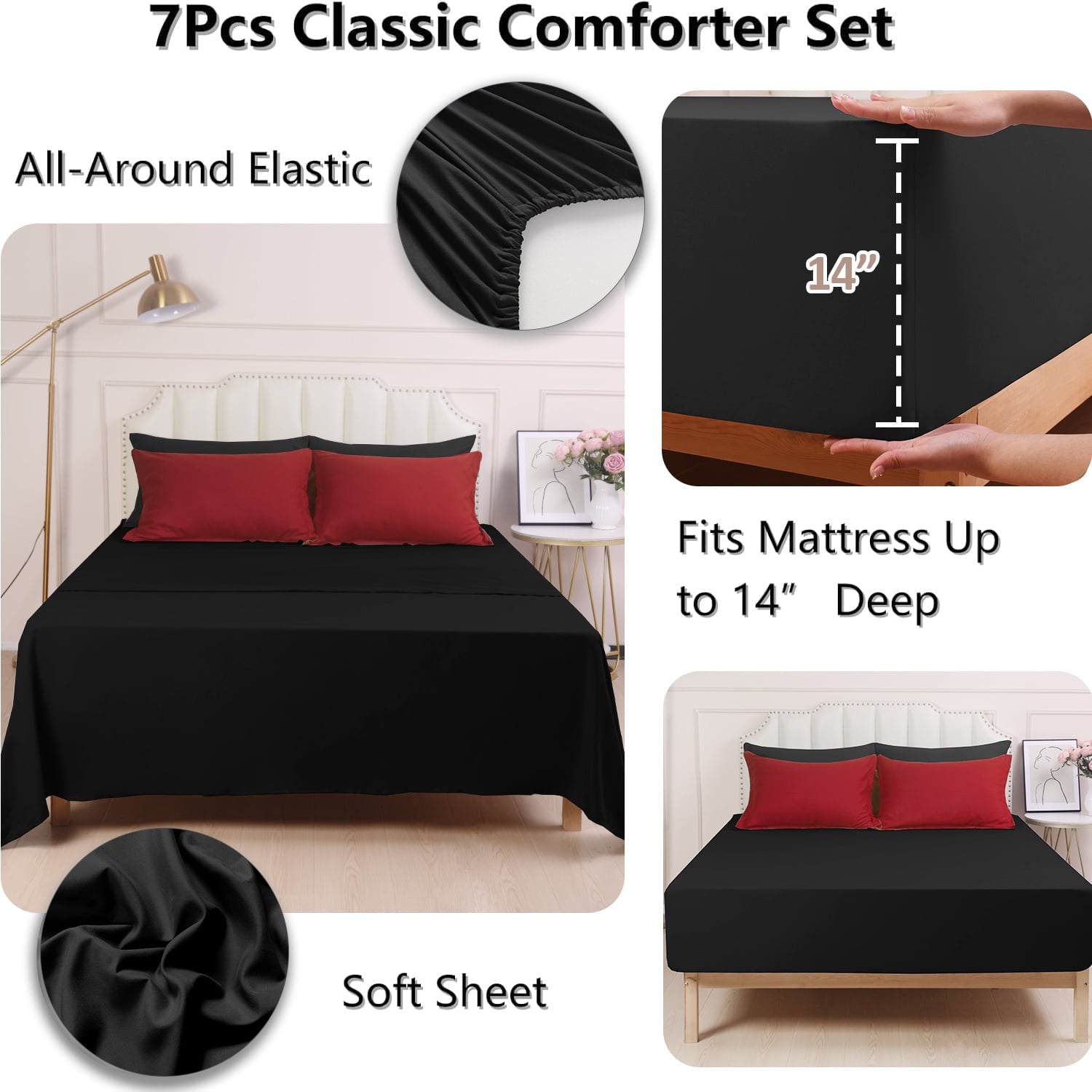 Fluffy Down Alternative 7 Piece Reversible Queen Comforter Set - Red Quilted Down Alternative Bedding All Season Super Soft Microfiber Bed in... - Luxurious Quilted Duvet Cover Set Detail