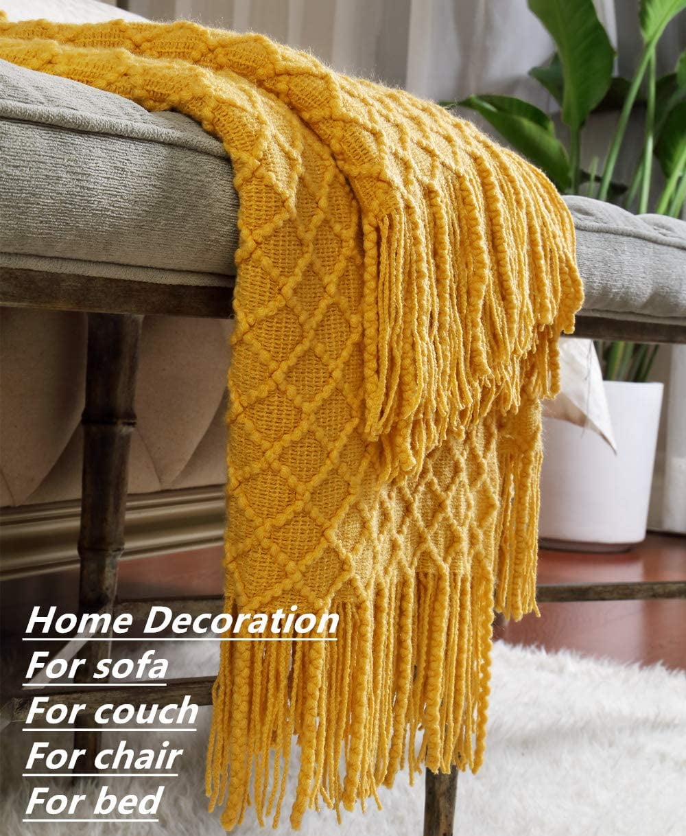 Super Soft Flannel Decorative Soft Spring Summer Fall Throw Blanket ,for Couch Sofa Chair Bed,50''X60'',Mustard Yellow - Lightweight Plush Warm Blanket for All Seasons Detail
