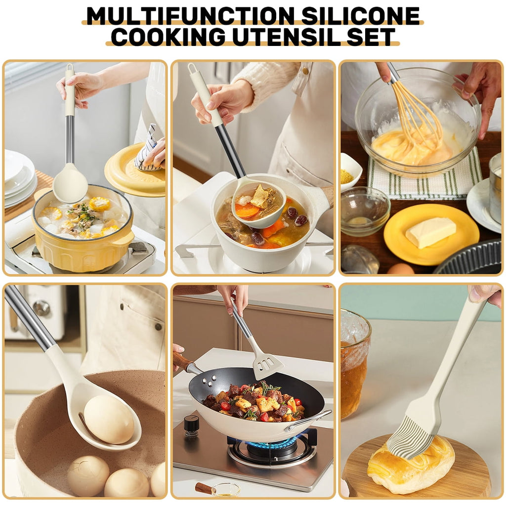Seamless One-Piece Silicone Cooking Utensil Set, 30 Pcs Kitchen Utensils Set with Stainless Steel Handle, Food Grade Silicone Spatula Se... - Ergonomic Kitchen Tongs and Cooking Spoon Utensil Detail