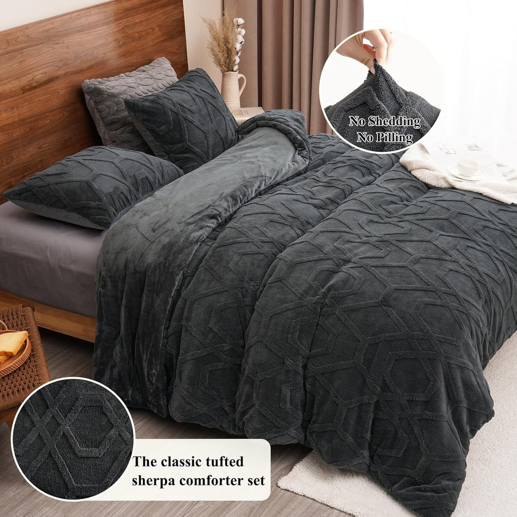 Hypoallergenic Cloud Warm Sherpa Fleece Queen Comforter Set, 3D Tufted Fluffy Dark Grey Bedding for Winter, Soft 3 Pieces Shaggy Bed Set, ... - Luxurious Quilted Duvet Cover Set Detail