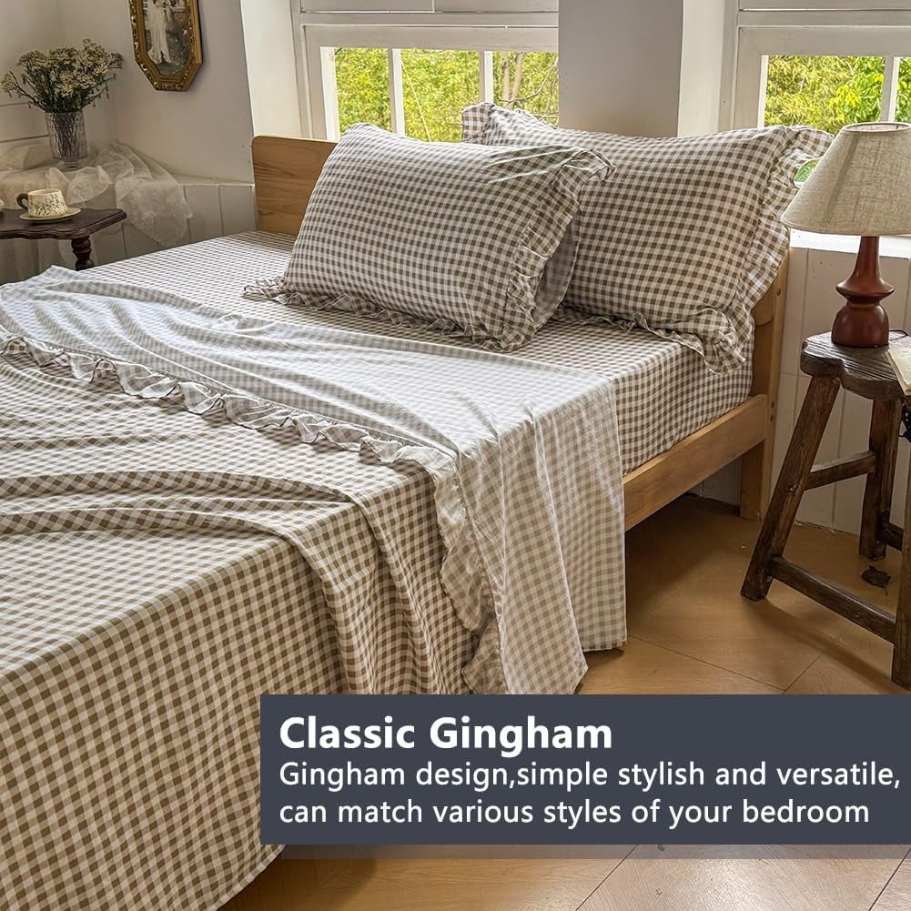 Premium Egyptian Cotton Tan Gingham Ruffle Queen Sheet Set, Taupe Soft Pre-Washed Microfiber Plaid Ruffled Queen Bed Sheets, 4-Pieces Farmhou... - Premium Ultra-Soft Pillowcase Pair for Sleeping Detail