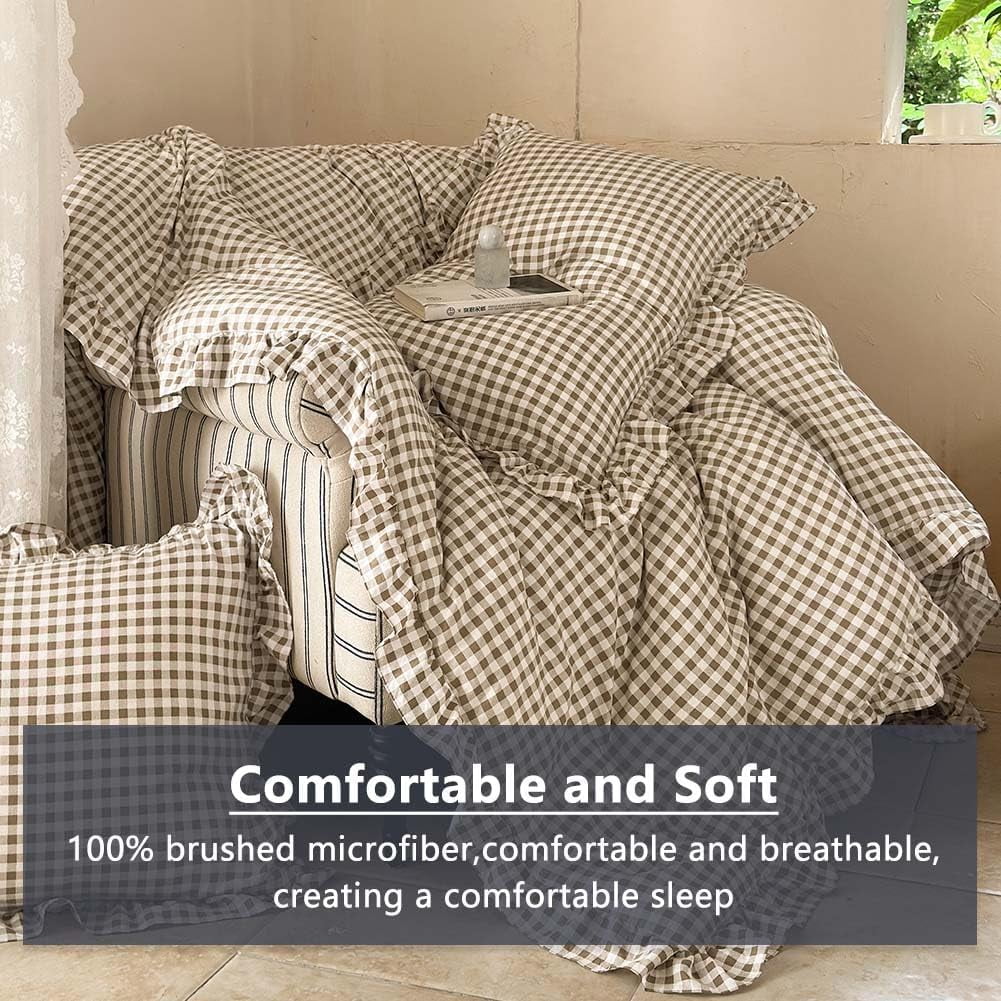 Luxurious Quilted Tan Gingham Ruffle Queen Comforter Set, Taupe Ruffled Plaid Bedding Set, Ruffled Checked Bed Comforter 3 Pieces(Tan G... - Luxurious Quilted Duvet Cover Set Detail