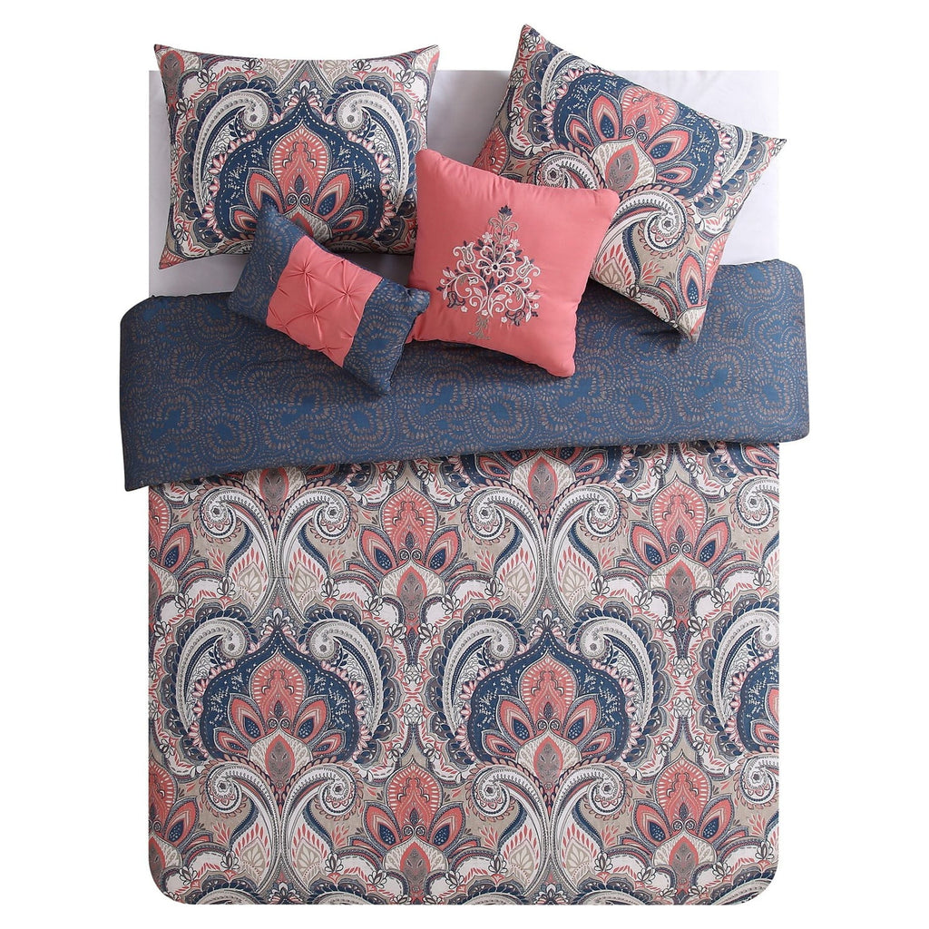 Heavyweight Warmth Casa Real 5-Piece Coral Damask Reversible Comforter Set, King, Adult, Unisex - All-Season Down Alternative Comforter Insert Detail