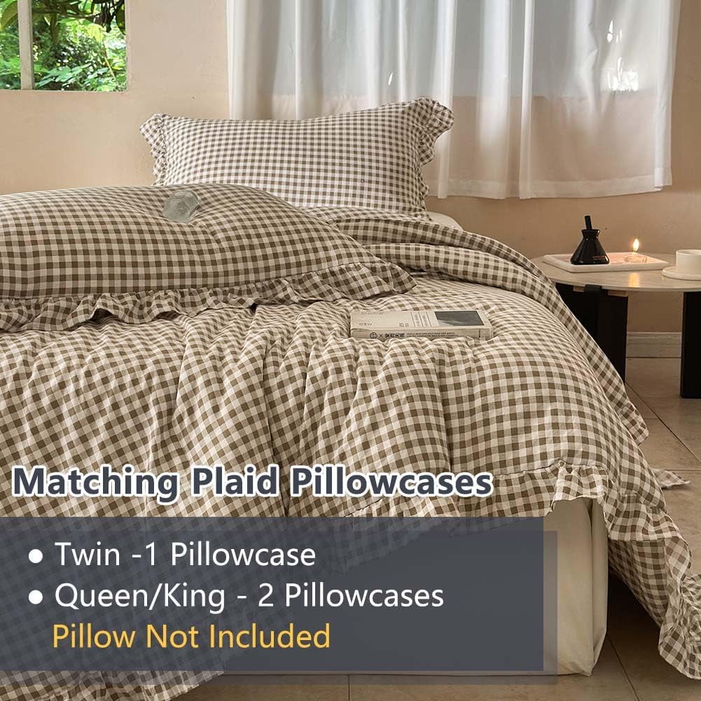 Luxurious Quilted Tan Gingham Ruffle Queen Comforter Set, Taupe Ruffled Plaid Bedding Set, Ruffled Checked Bed Comforter 3 Pieces(Tan G... - Luxurious Quilted Duvet Cover Set Detail