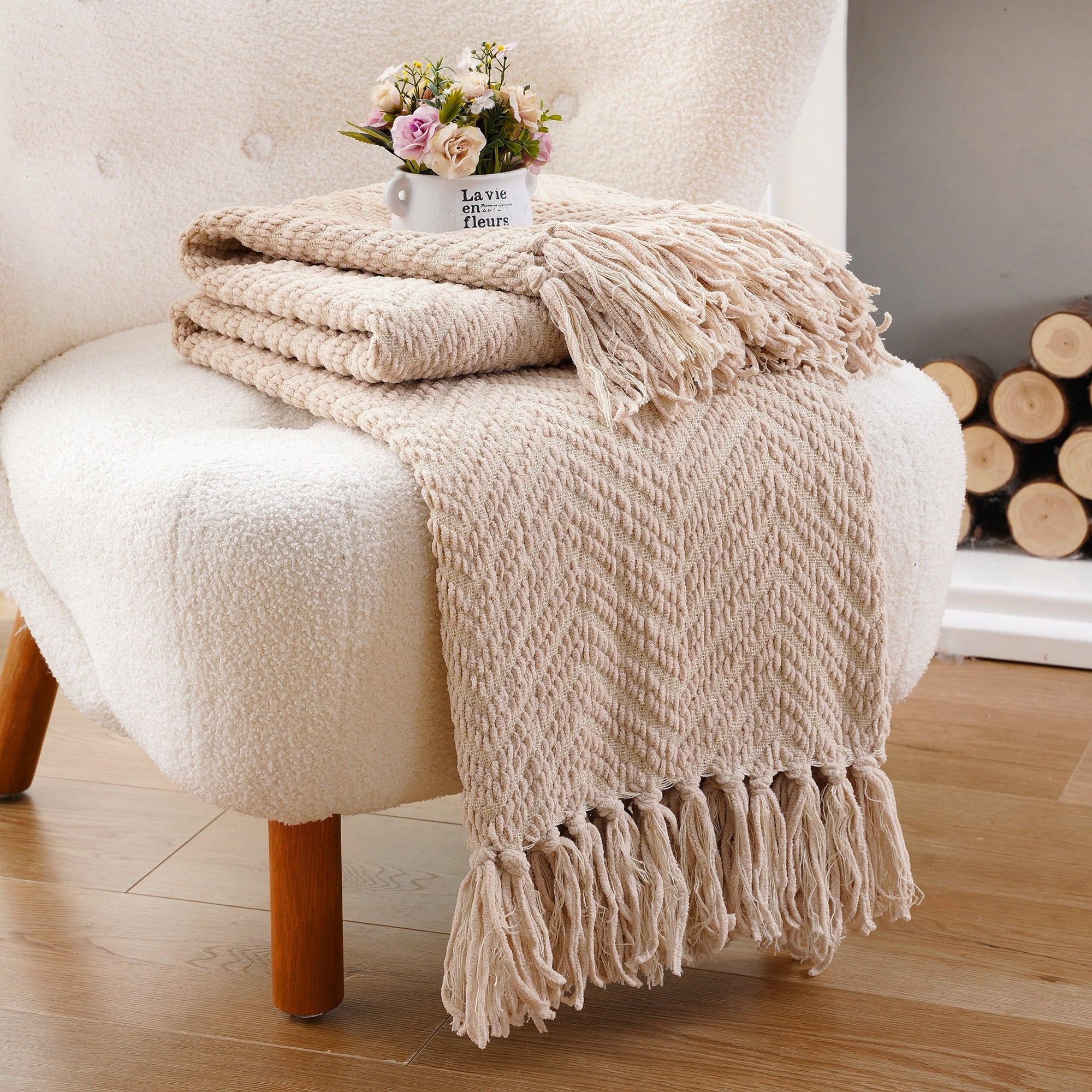 Lightweight Warm Beige Throw Blanket,Textured Knitted Tan Throws with Tassels,Neutral Sofa Bed Throws,50"x60" - Cozy Fleece Throw Blanket for Couch & Bed Detail