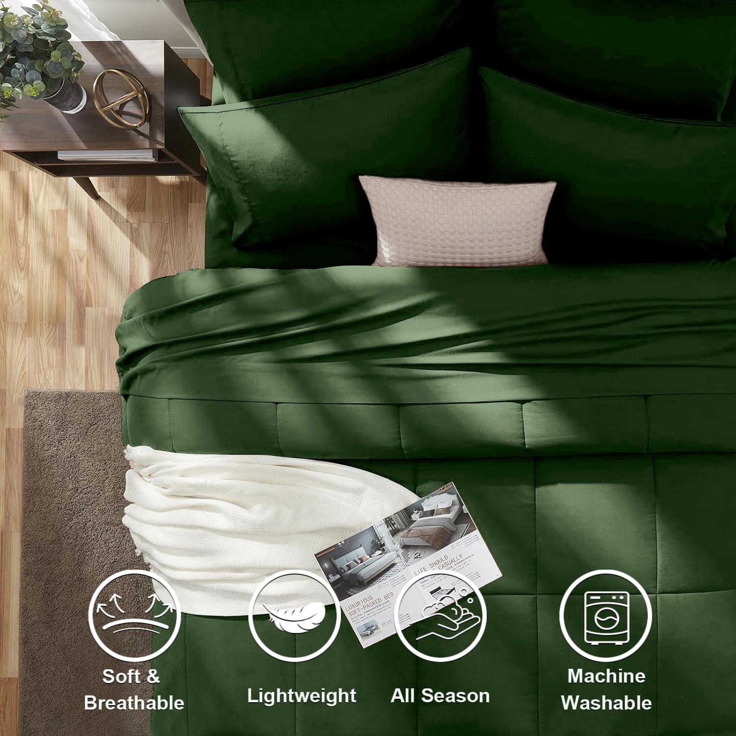 All-Season Queen Comforter Set Forest Green Bed in a Bag Queen Size 7 Pieces Soft Bed Set Lightweight Microfiber Green Bedding C... - Cloud-Like Soft Lightweight Bed Comforter Detail