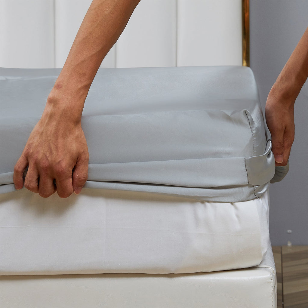 Wrinkle-Resistant Satin Fitted Sheet King Size 14 Inch Deep Pocket Bed Sheet Silk Sheet Ultra Soft Machine Washable, Light Gray - Premium Ultra-Soft Pillowcase Pair for Sleeping Detail