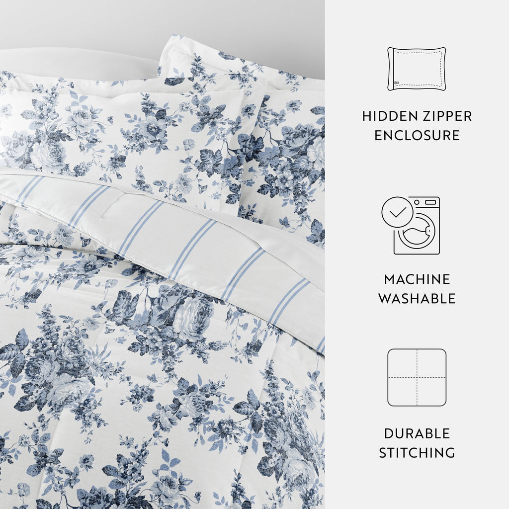 Luxurious Quilted Down Alternative Cabbage Rose Stripe Stone Reversible Comforter Set - Hypoallergenic Ultra-Fluffy Quilt for Winter Detail