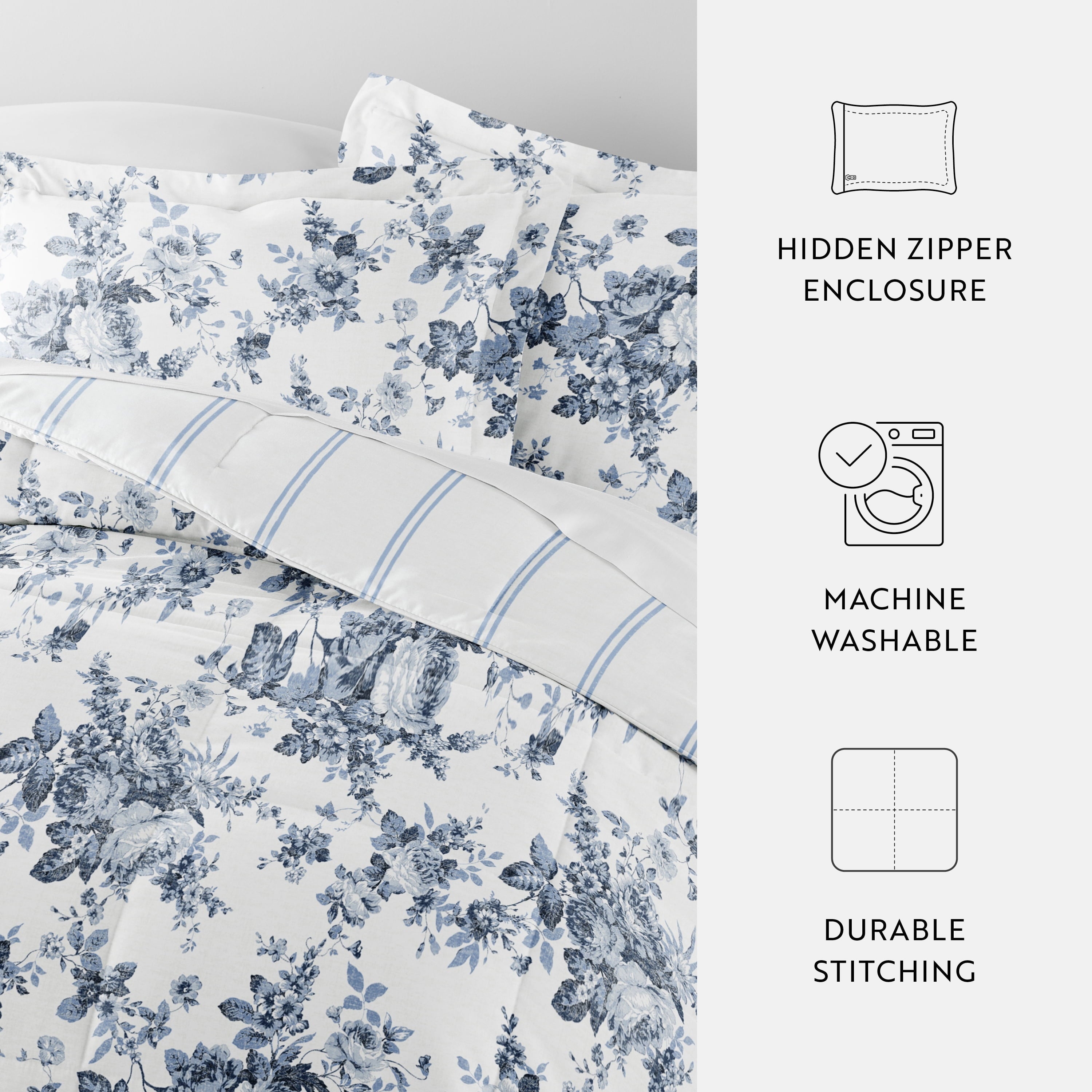 Luxurious Quilted Down Alternative Cabbage Rose Stripe Stone Reversible Comforter Set - Hypoallergenic Ultra-Fluffy Quilt for Winter Detail