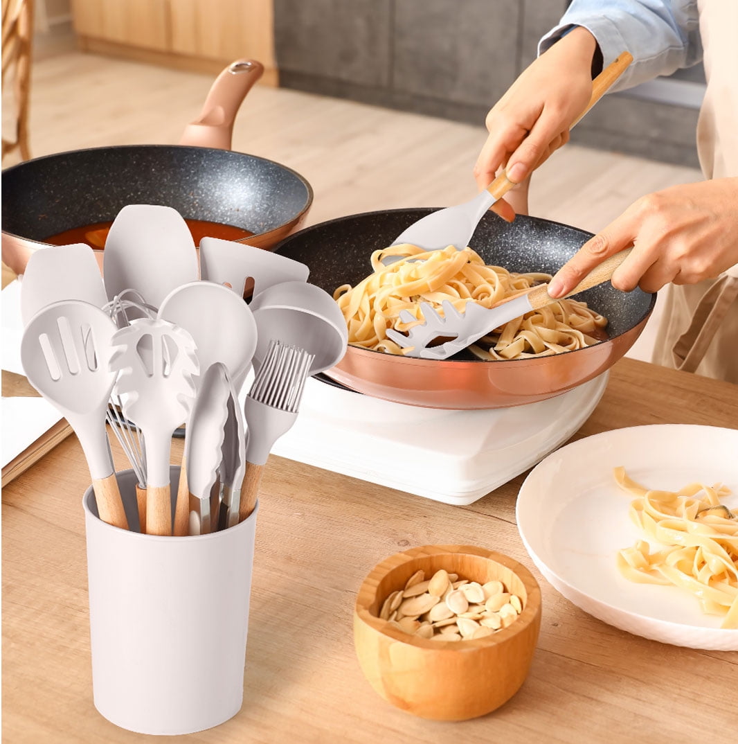 Heat-Resistant Silicone & Bamboo Cooking Utensil Set, 14 Pieces - Ergonomic Kitchen Tongs and Cooking Spoon Utensil Detail