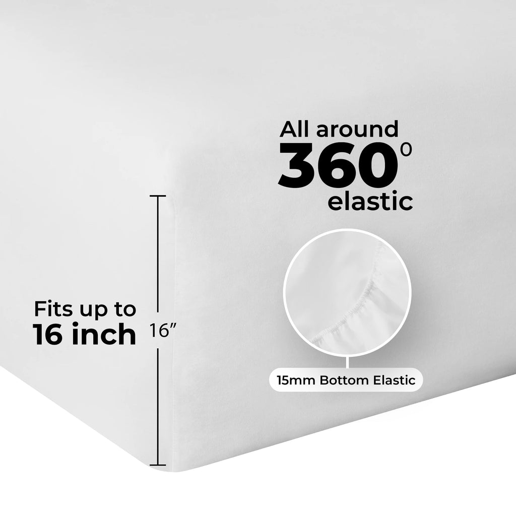 Wrinkle-Resistant 4-Piece 300 Thread Count White Cotton Blend Percale Bed Sheet Set, Queen - Breathable Egyptian Cotton Flat & Fitted Sheets Detail