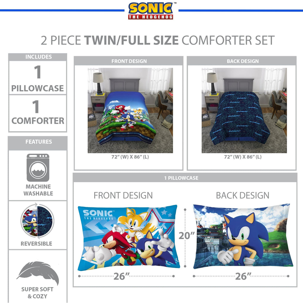 Fluffy Down Alternative Sonic the Hedgehog Kids 2 Piece Blue Green Reversible Comforter and Pillowcase set, Twin/full - Luxurious Quilted Duvet Cover Set Detail