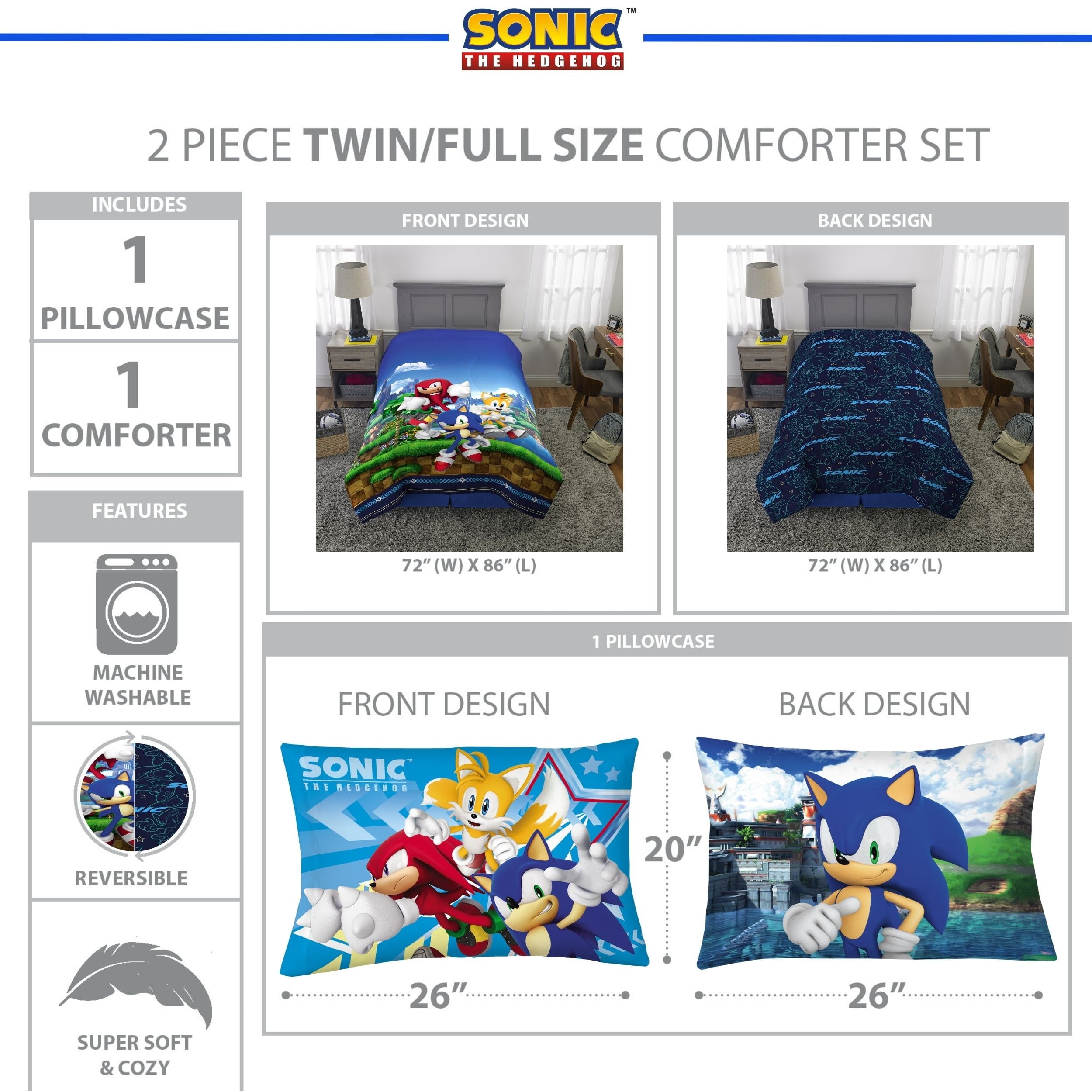 Fluffy Down Alternative Sonic the Hedgehog Kids 2 Piece Blue Green Reversible Comforter and Pillowcase set, Twin/full - Luxurious Quilted Duvet Cover Set Detail