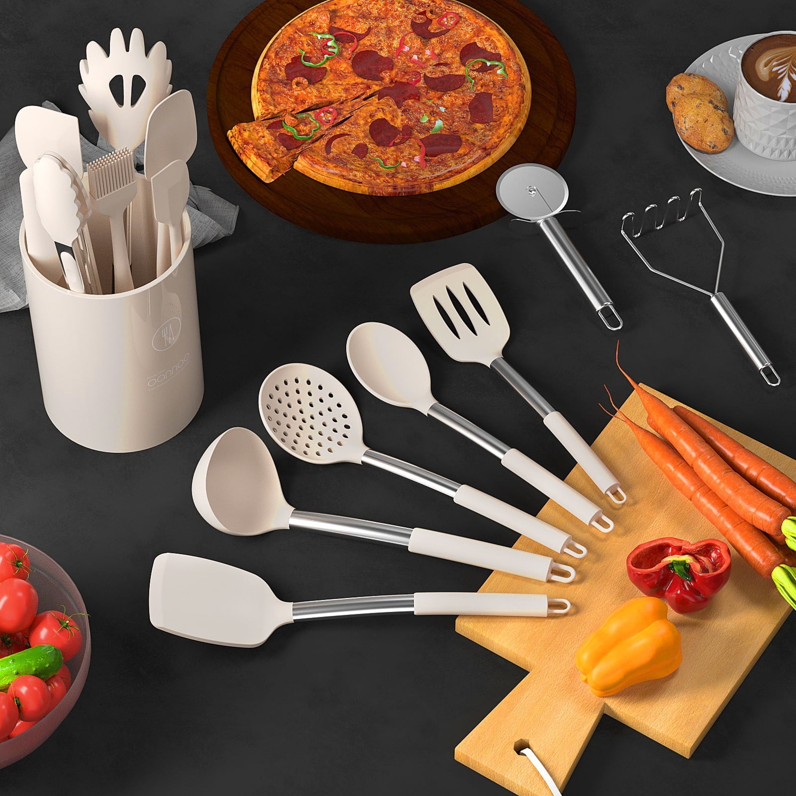 Premium Silicone Silicone Cooking Utensils Set - Heat Resistant Silicone Kitchen Utensils for Cooking, Kitchen Utensil Spatula Set,BPA... - Ergonomic Kitchen Tongs and Cooking Spoon Utensil Detail