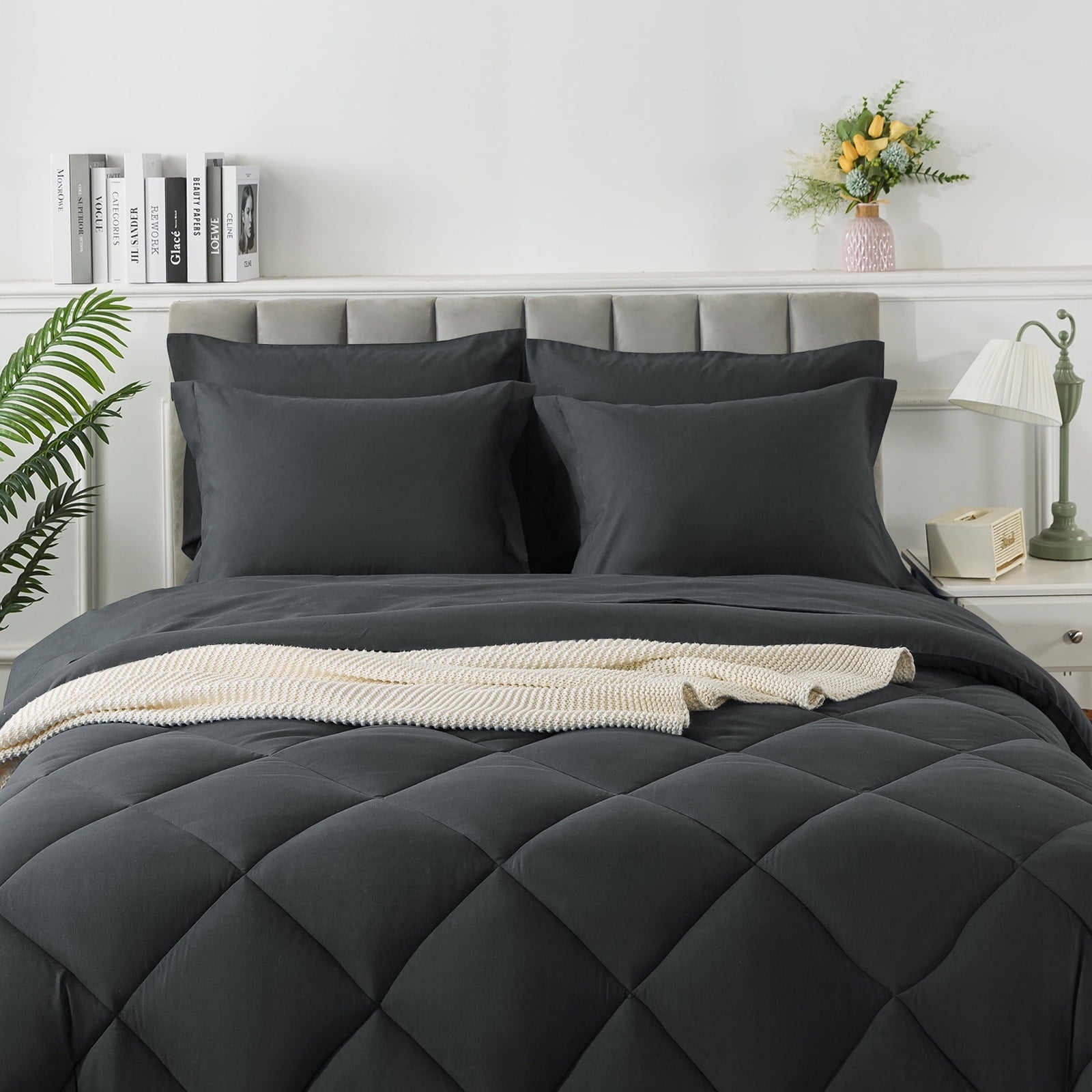 All-Season Queen Bed in a Bag Comforter Set with 7 Pieces - Dark Gray All Season Bedding Sets with Comforter, Pillow Shams, Flat... - Hypoallergenic Ultra-Fluffy Quilt for Winter Detail