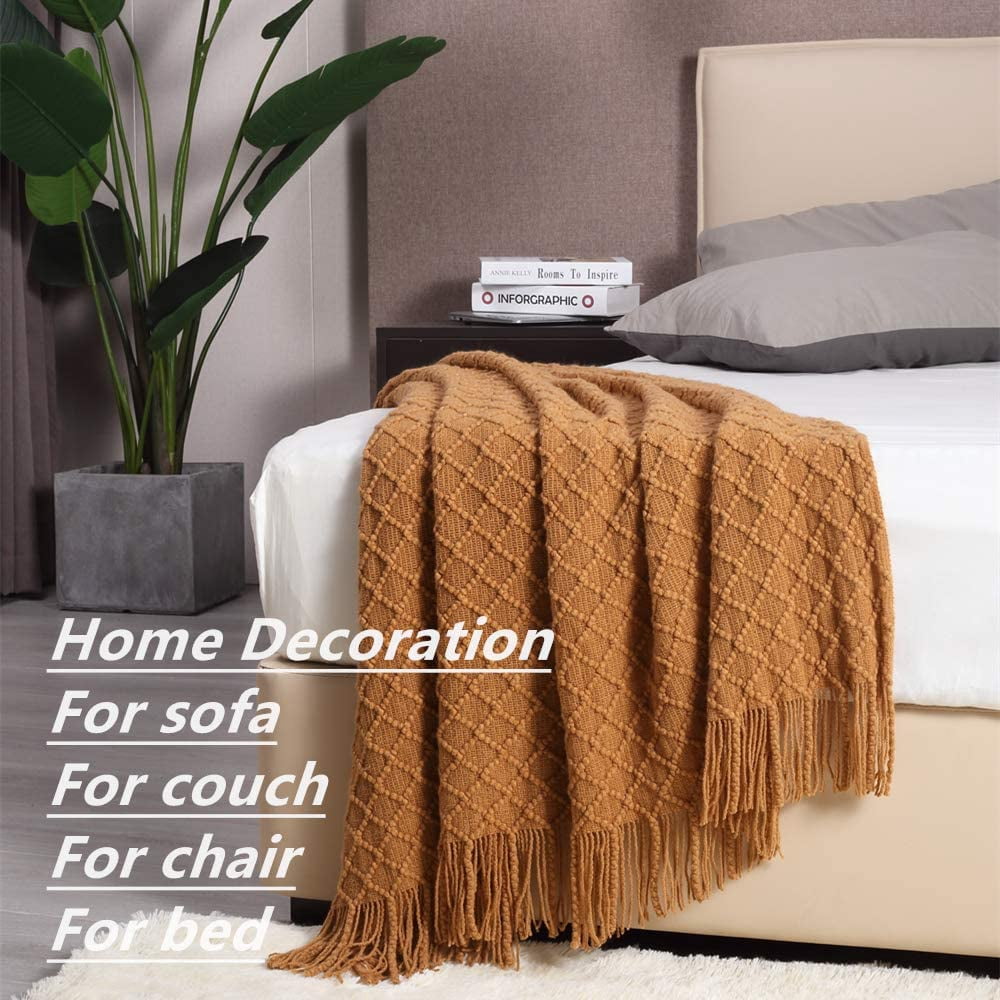 Reversible Sherpa Home Decor Rustic Couch Sofa Chair Bed Throw Blanket, Soft Warm Light Weight in Spring Summer (50''X60'' Brown) - Luxury Knitted Decorative Throw Blanket with Fringes Detail