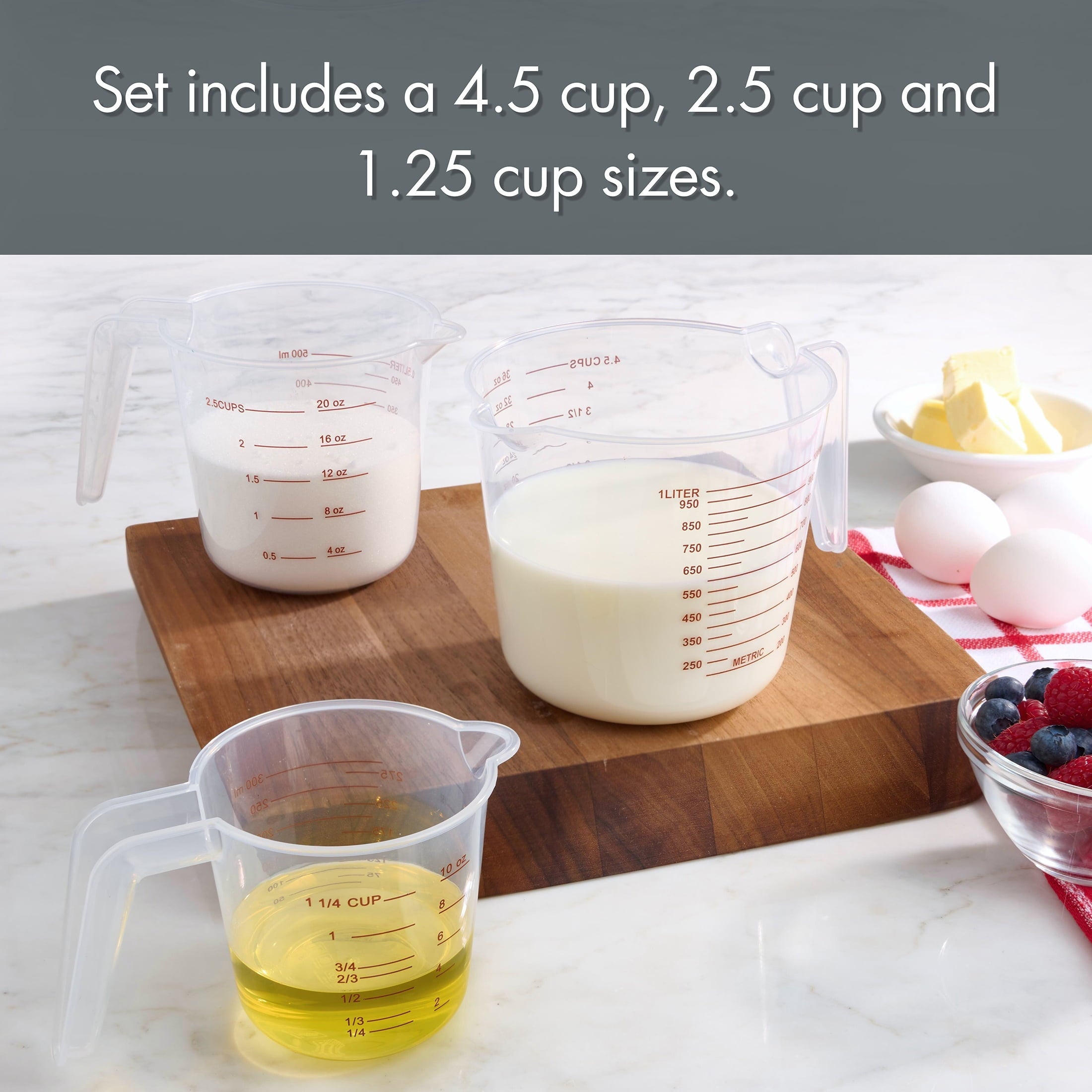 Multi-Functional 3-Piece Tapered Spout Nesting Plastic Measuring Cups Set, Clear - Premium Stainless Steel Garlic Presser & Peeler Detail