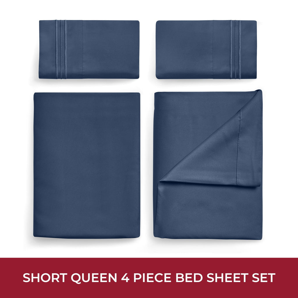 Breathable Luxury RV Sheets Queen Size Bed Set, Microfiber RV Bunk Bed Sheets, Short Queen, Navy Blue - Breathable Egyptian Cotton Flat & Fitted Sheets Detail