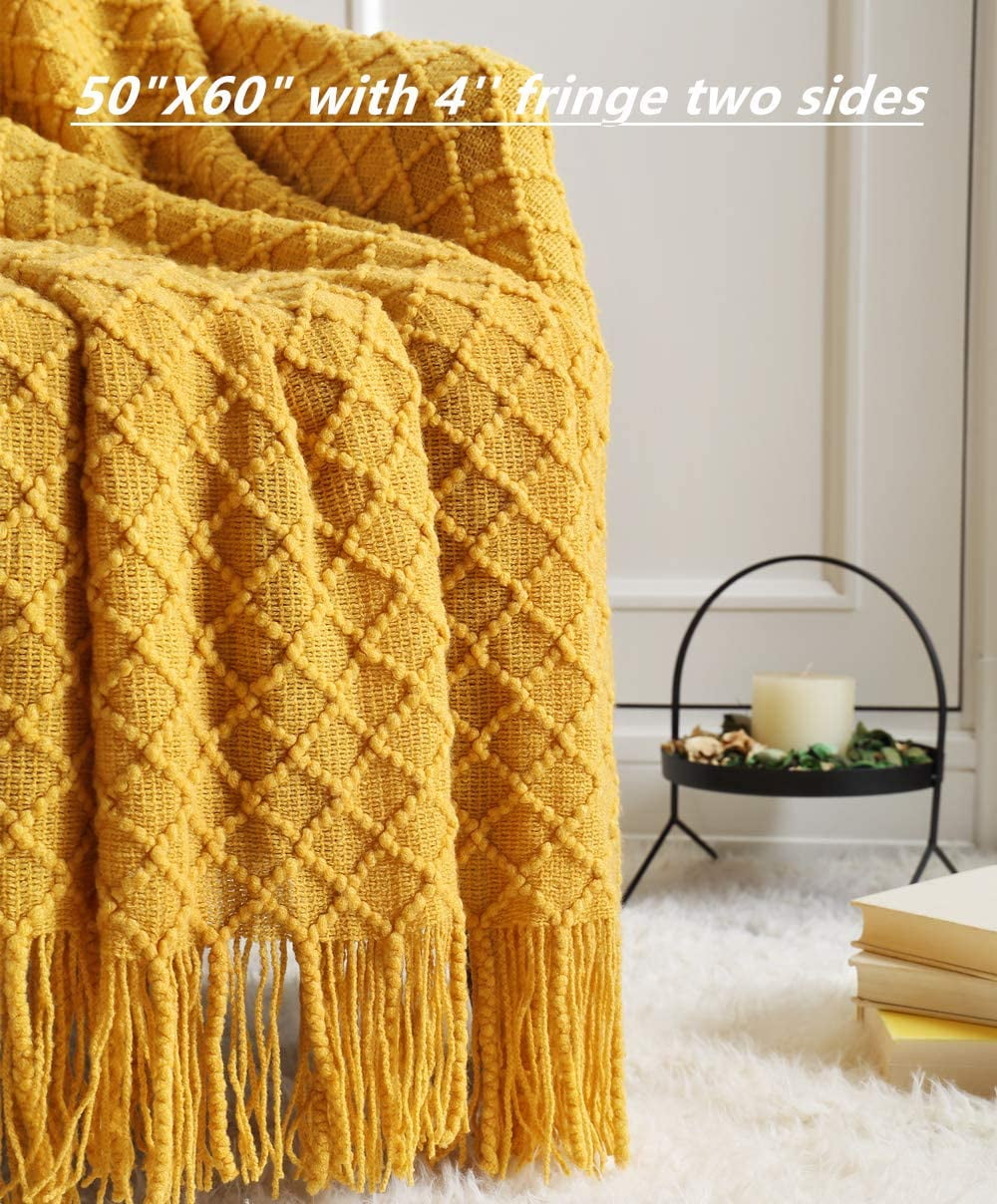 Super Soft Flannel Decorative Soft Spring Summer Fall Throw Blanket ,for Couch Sofa Chair Bed,50''X60'',Mustard Yellow - Lightweight Plush Warm Blanket for All Seasons Detail