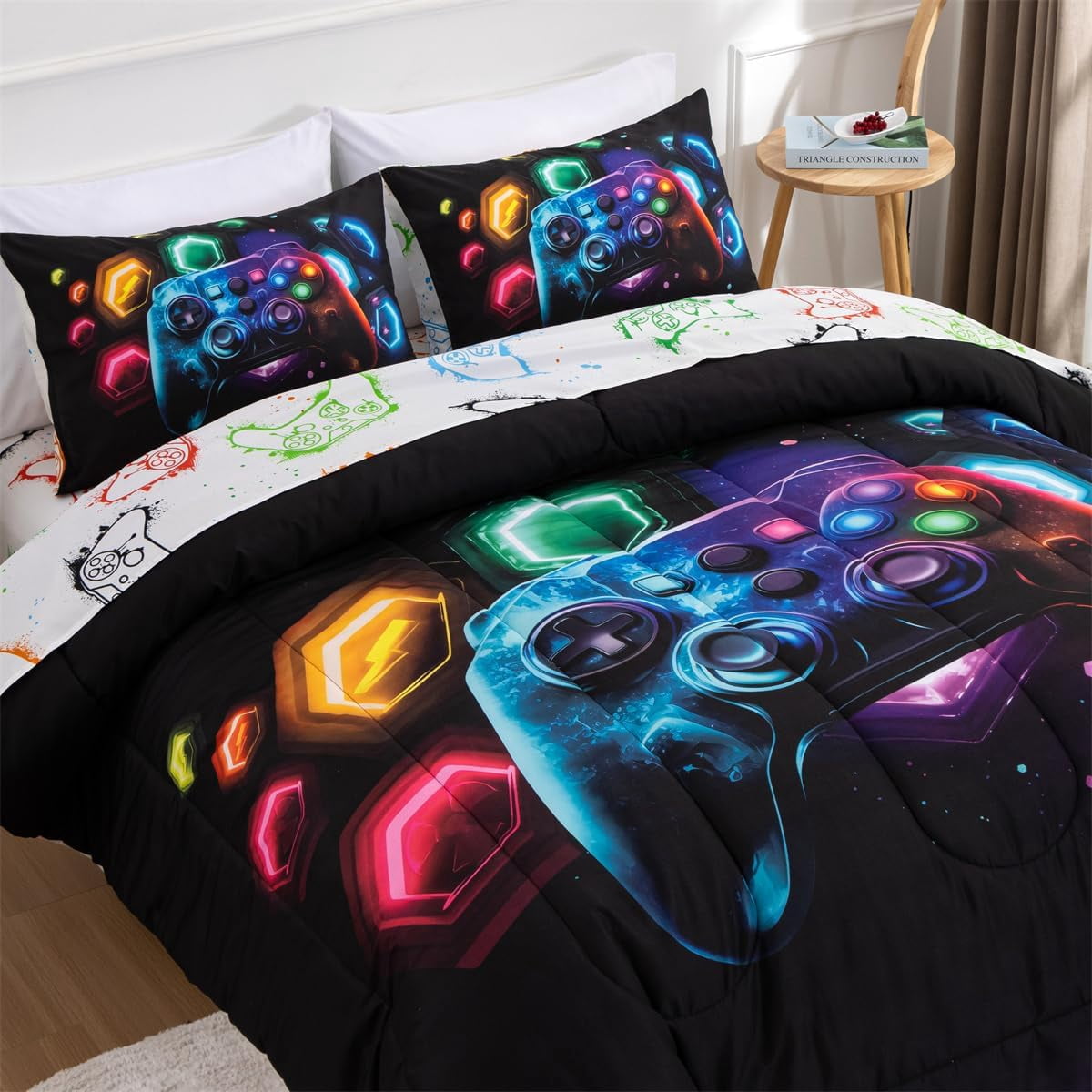 Luxurious Quilted Game Console Comforter Set for Boys Girls Kids Space Universe Gaming Geometric Lightweight Microfiber Gamer Bedding S... - All-Season Down Alternative Comforter Insert Detail