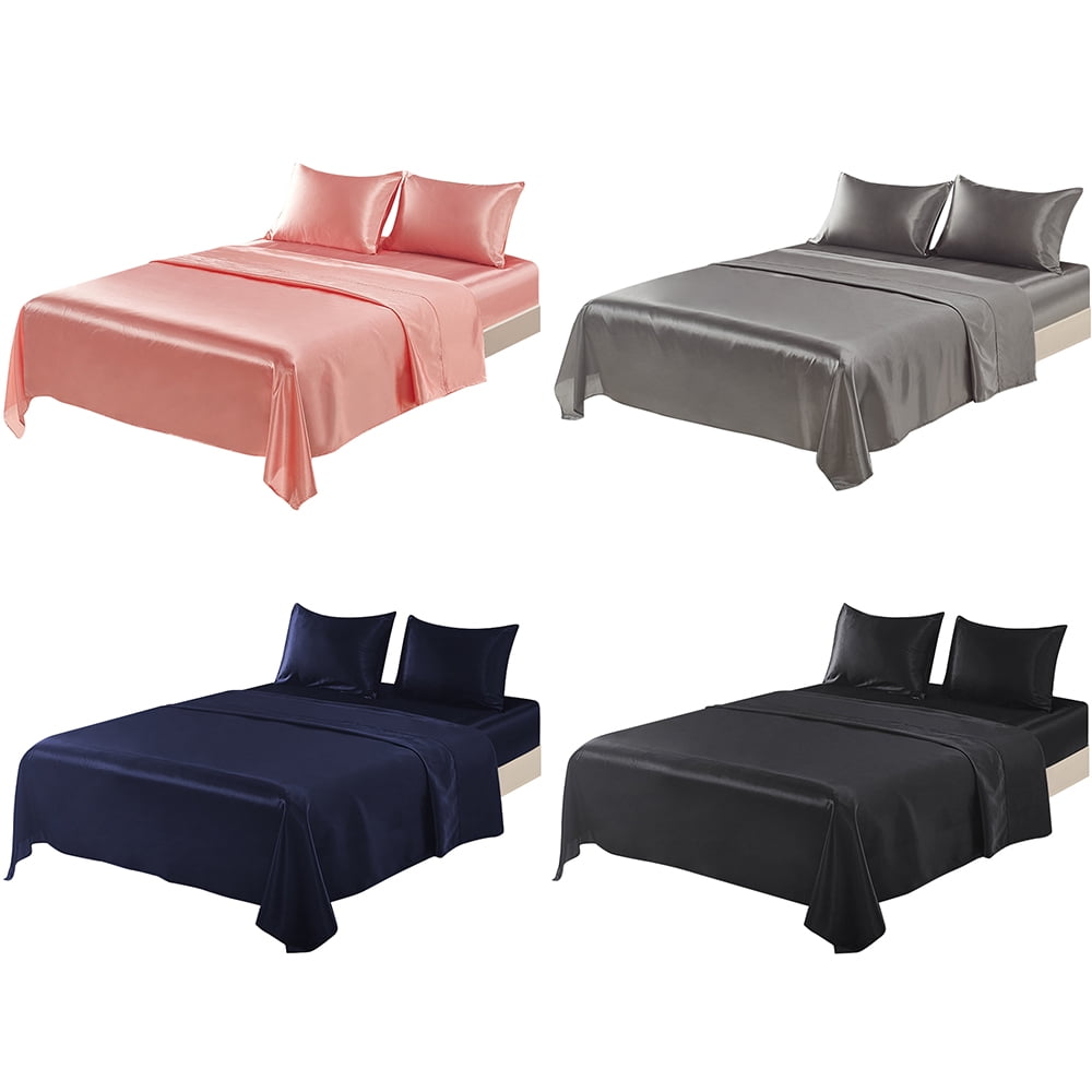Cooling Sateen Twin Silk Gray Bed Sheet Set Deep Pocket Bed Flat Fitted Sheet, 3-Pieces - Luxury Bed Sheet Set with Deep Pockets Detail