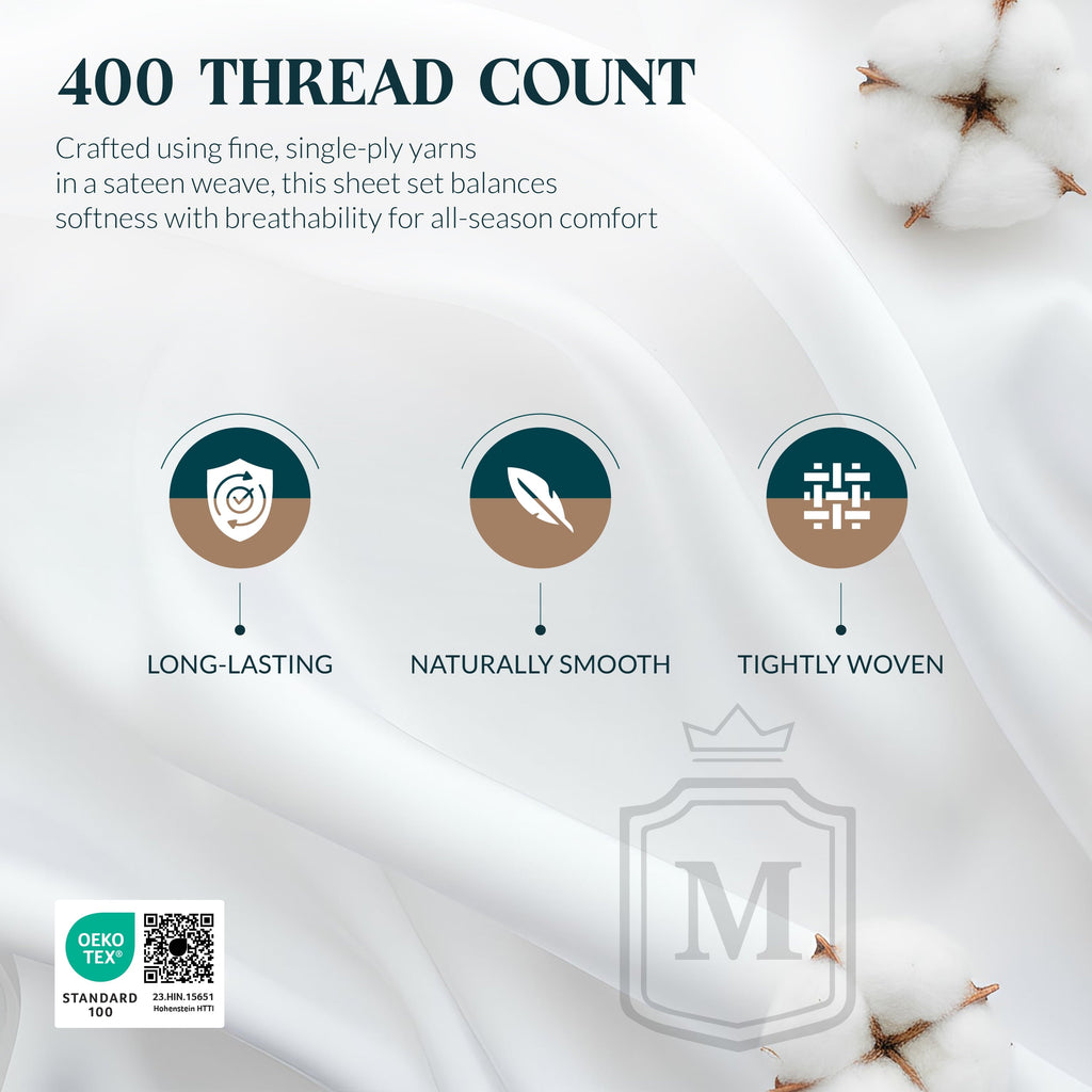 Cooling Sateen 100% Cotton Sheets For Queen Size Bed - Luxury 400 Thread Count Queen Sheet Set, 4 Piece Sateen Weave Queen White Cot... - Luxury Bed Sheet Set with Deep Pockets Detail