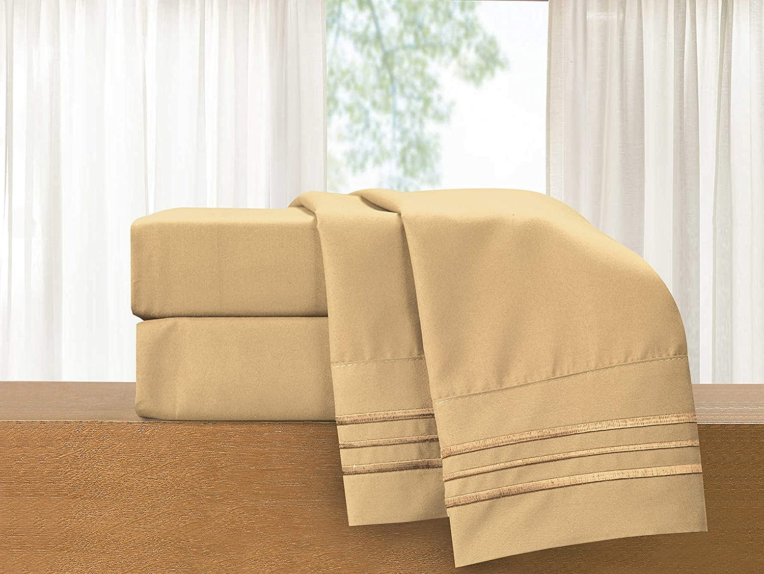 Cooling Sateen Super Soft 1500 Premier Hotel Collection Sheet set, Queen, Gold - Breathable Egyptian Cotton Flat & Fitted Sheets Detail