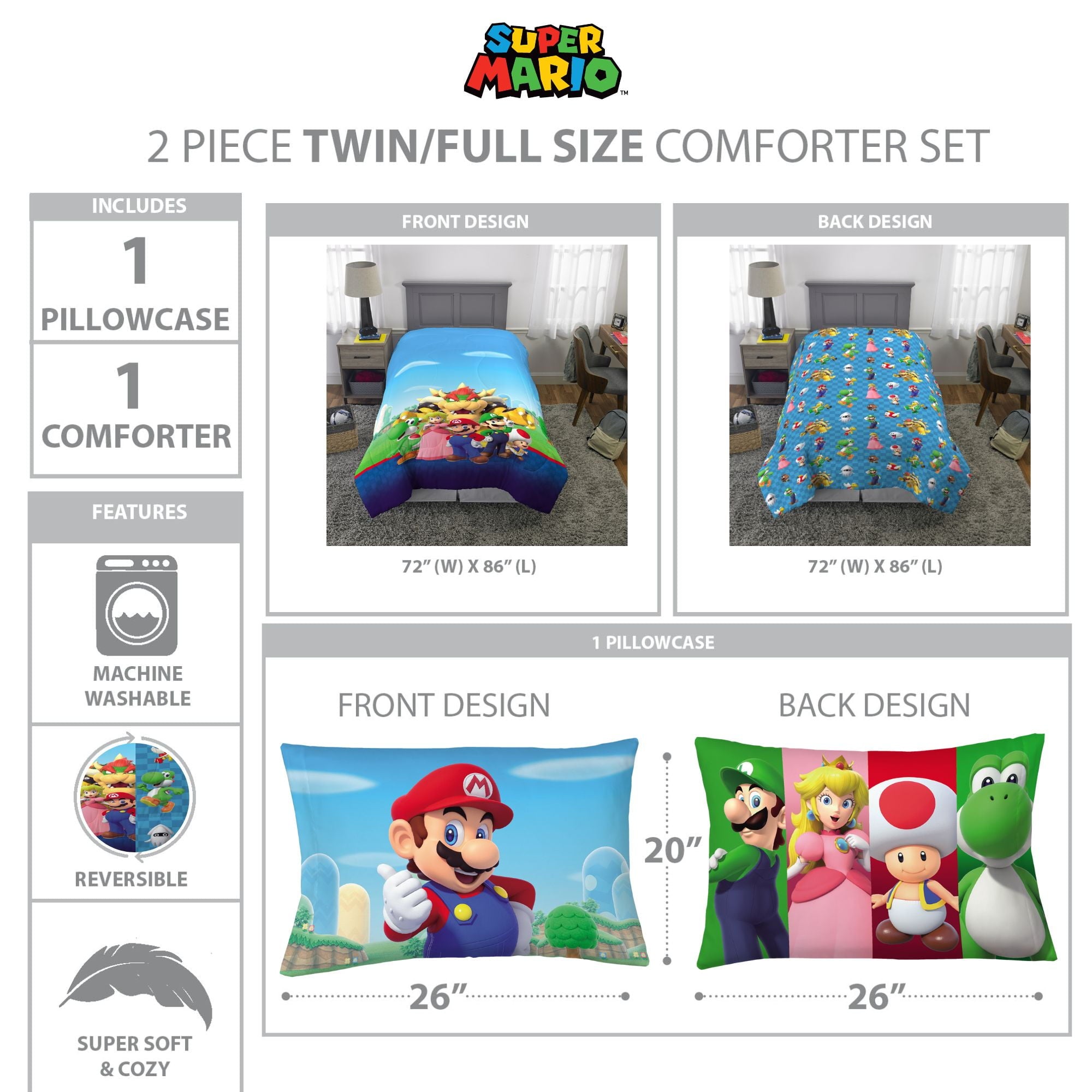 Hypoallergenic Cloud Kids Comforter and Pillowcase, 2-Piece Set, Twin/Full, Reversible - Cloud-Like Soft Lightweight Bed Comforter Detail