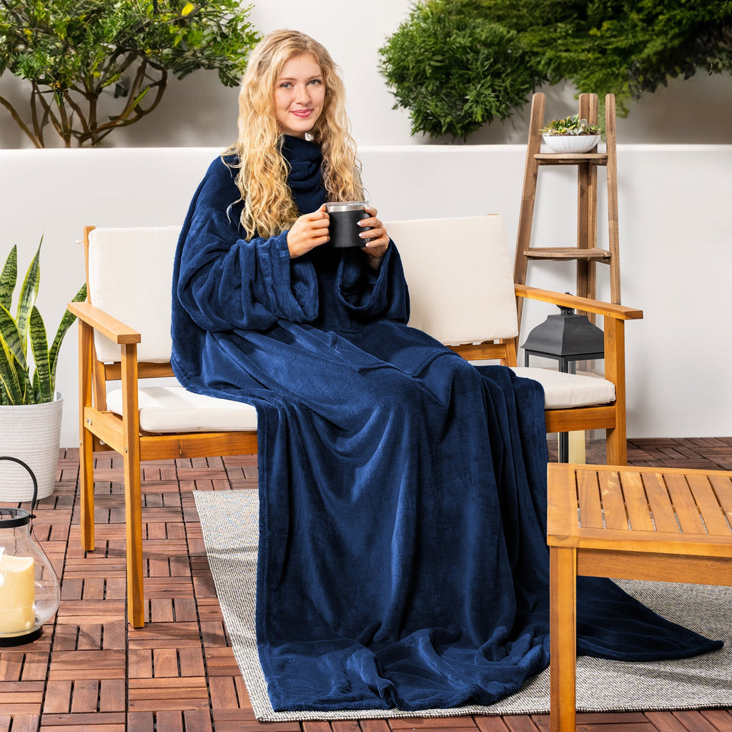 Decorative Knitted Navy Blue Fleece Wearable Blanket with Sleeves for Adults Women Men, Soft Warm Full Body Wrap Throw, Sweatshirt Pocke... - Luxury Knitted Decorative Throw Blanket with Fringes Detail