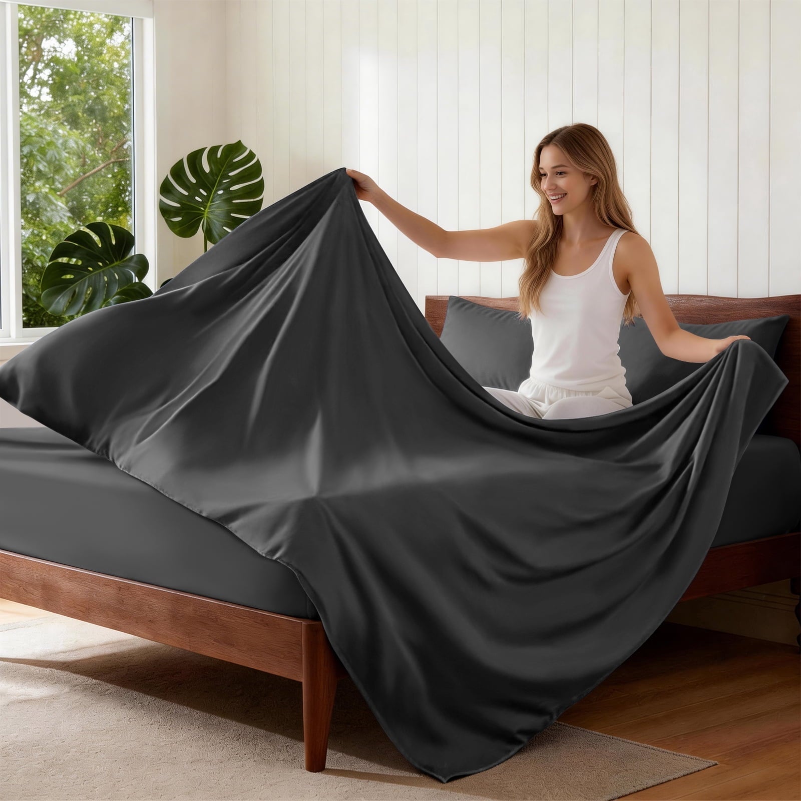Breathable Luxury Sheets,Soft Hotel Luxury Polyester Washed Cotton,4 Piece Sheets Set,with 14" Deep Pocket,Dark Gray - Premium Ultra-Soft Pillowcase Pair for Sleeping Detail