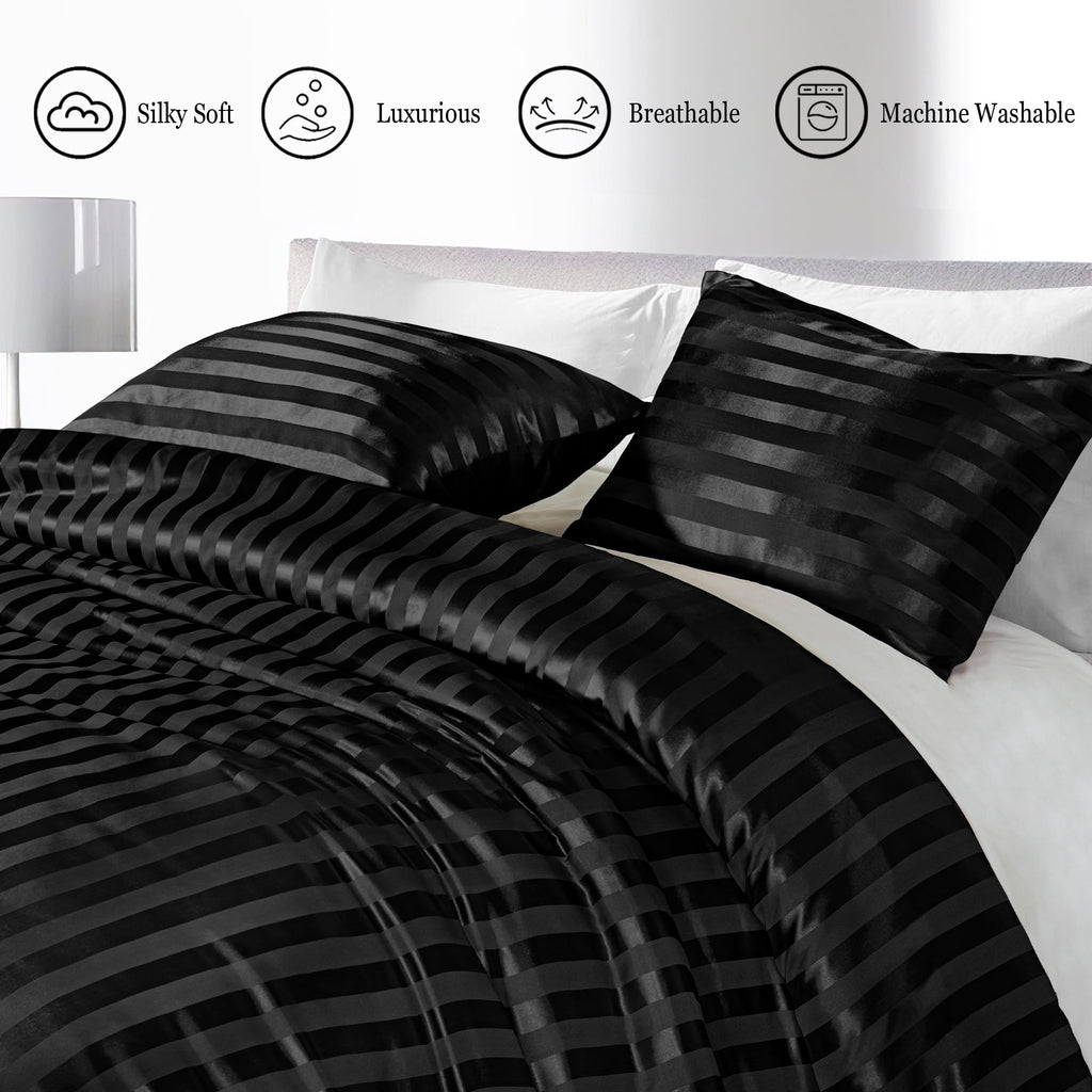 All-Season 3-Piece Reversible Silky Soft King Size Comforter Set, Luxury Stripe Satin Oversized Comforter Bedding Set with 2 Sat... - All-Season Down Alternative Comforter Insert Detail