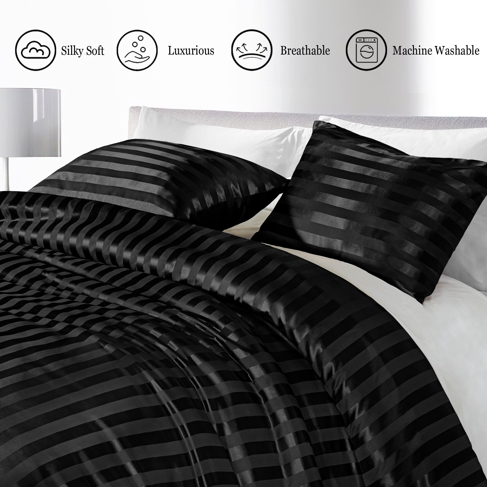 All-Season 3-Piece Reversible Silky Soft King Size Comforter Set, Luxury Stripe Satin Oversized Comforter Bedding Set with 2 Sat... - All-Season Down Alternative Comforter Insert Detail