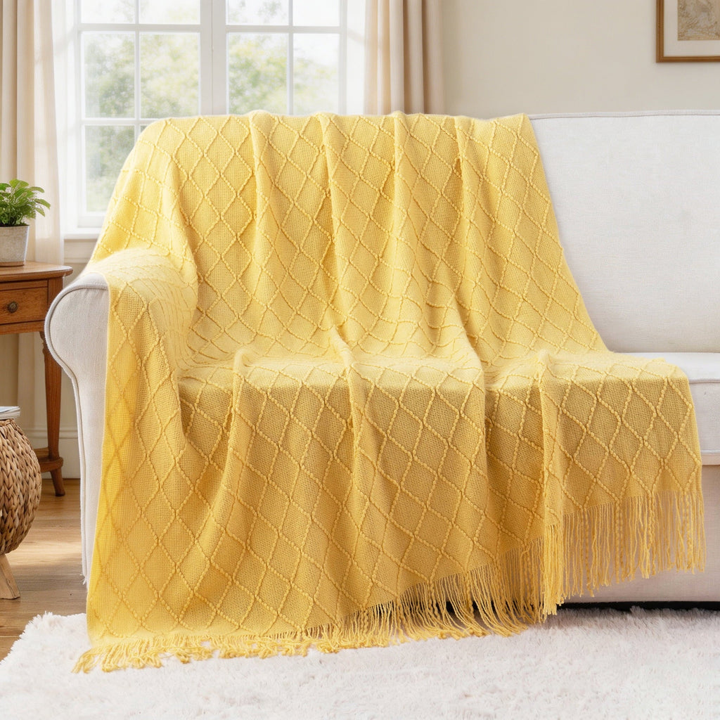 Super Soft Flannel Mustard Throw Blanket for Couch,Gold Yellow Knit Throw with Fringe,Outdoor Throw ,50"x60" - Cozy Fleece Throw Blanket for Couch & Bed Detail