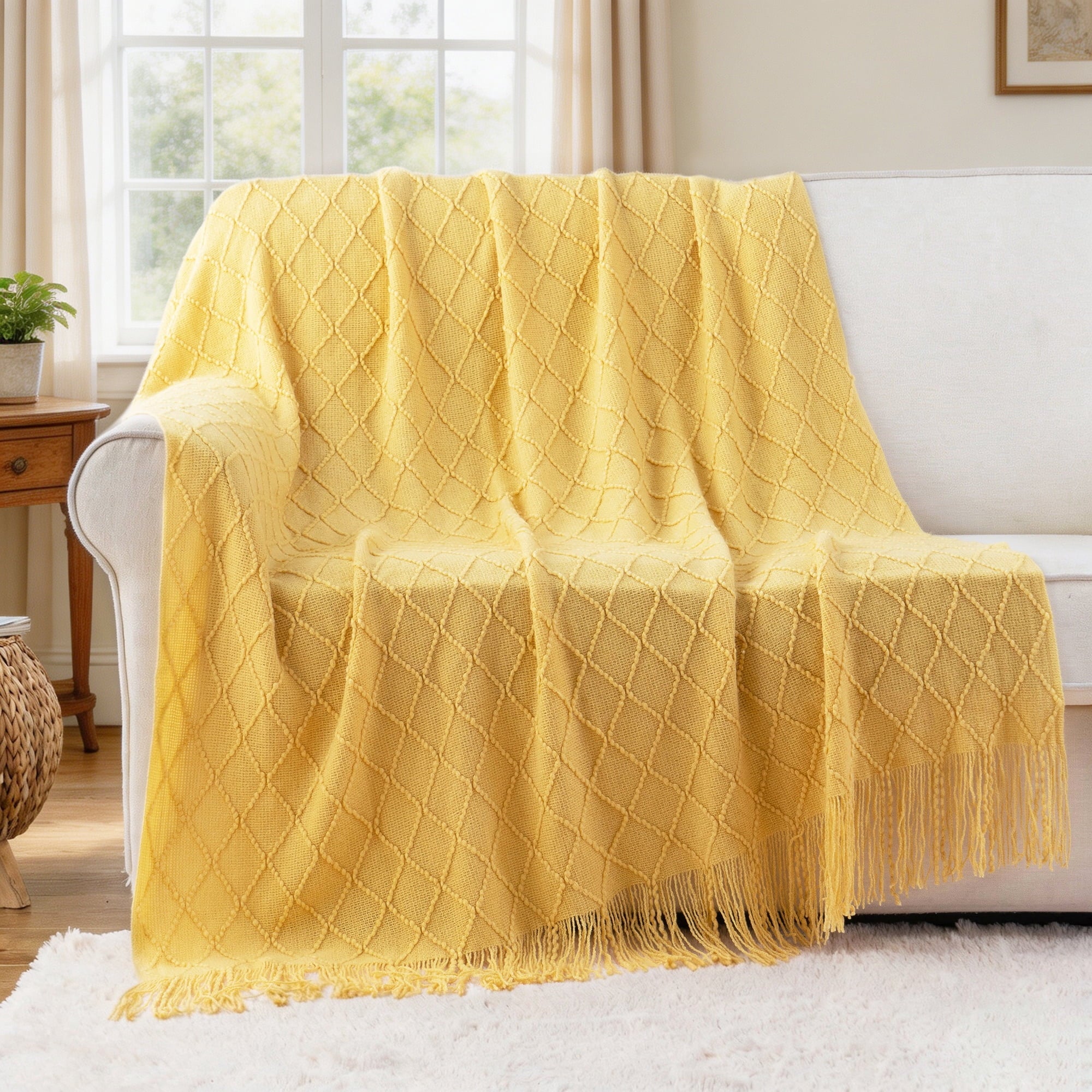 Super Soft Flannel Mustard Throw Blanket for Couch,Gold Yellow Knit Throw with Fringe,Outdoor Throw ,50"x60" - Cozy Fleece Throw Blanket for Couch & Bed Detail