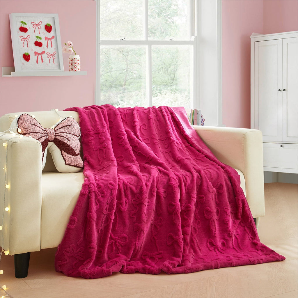 Cozy Fleece Gen Z 50" x 60"Carved Bow Faux Fur Throw - Luxury Knitted Decorative Throw Blanket with Fringes Detail