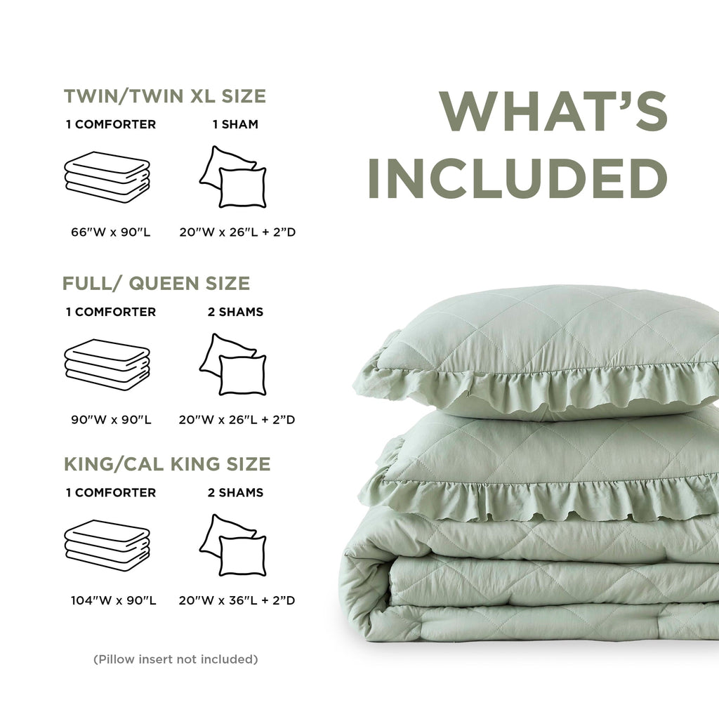 All-Season Full/Queen Comforter Set Sage, 3 Pieces Quilted Ruffle Comforters Full/Queen Size, Solid Bedding Comforters Sets, Gif... - Cloud-Like Soft Lightweight Bed Comforter Detail