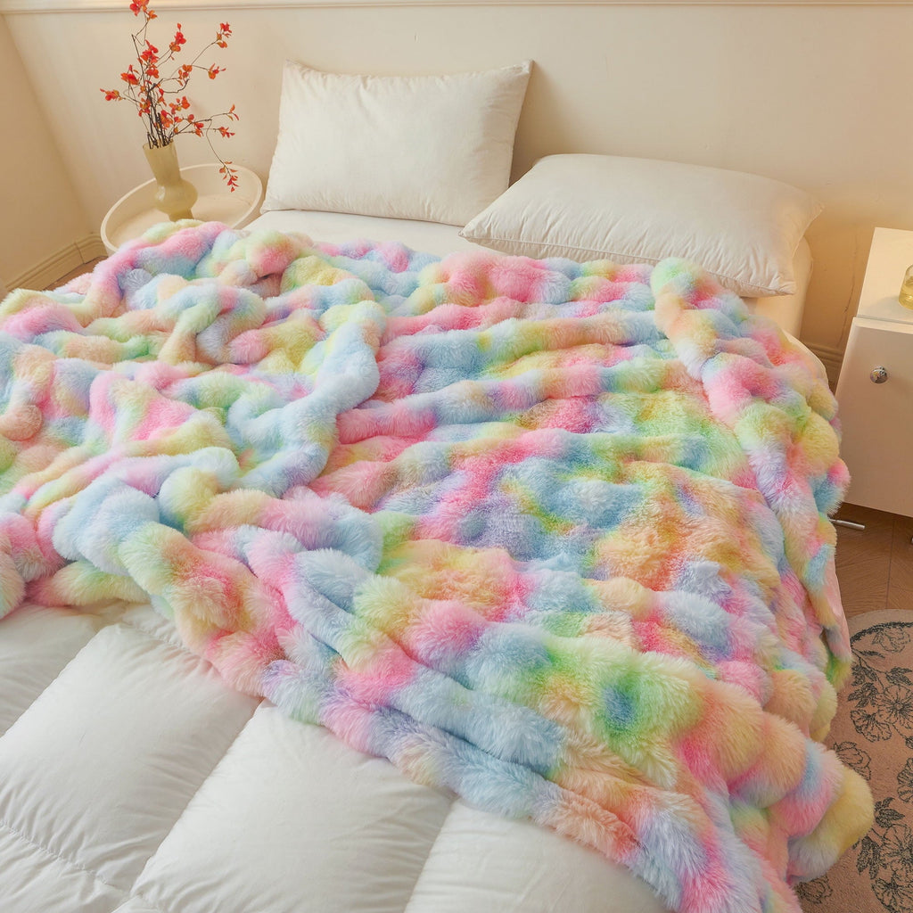 Decorative Knitted Fluffy Faux Rabbit Fur Bubble Throw, Rainbow Plush Shaggy Blanket for Couch Sofa Chair, Soft Tie Dye Furry Blanket Ad... - Luxury Knitted Decorative Throw Blanket with Fringes Detail