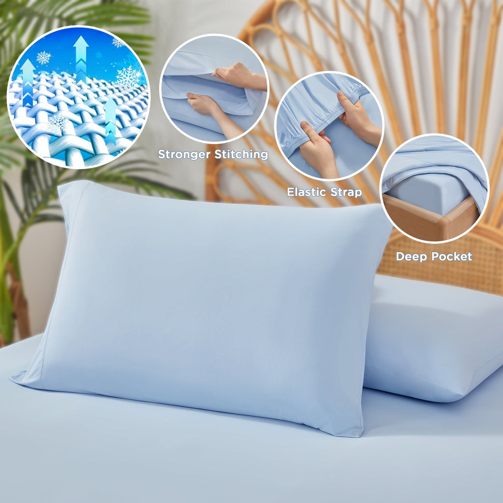 Wrinkle-Resistant Full/QueenSize Sheet Set, 3 Piece Cooling Bed Sheet with Deep Pocket for Hot Sleepers, Ice Blue - Luxury Bed Sheet Set with Deep Pockets Detail