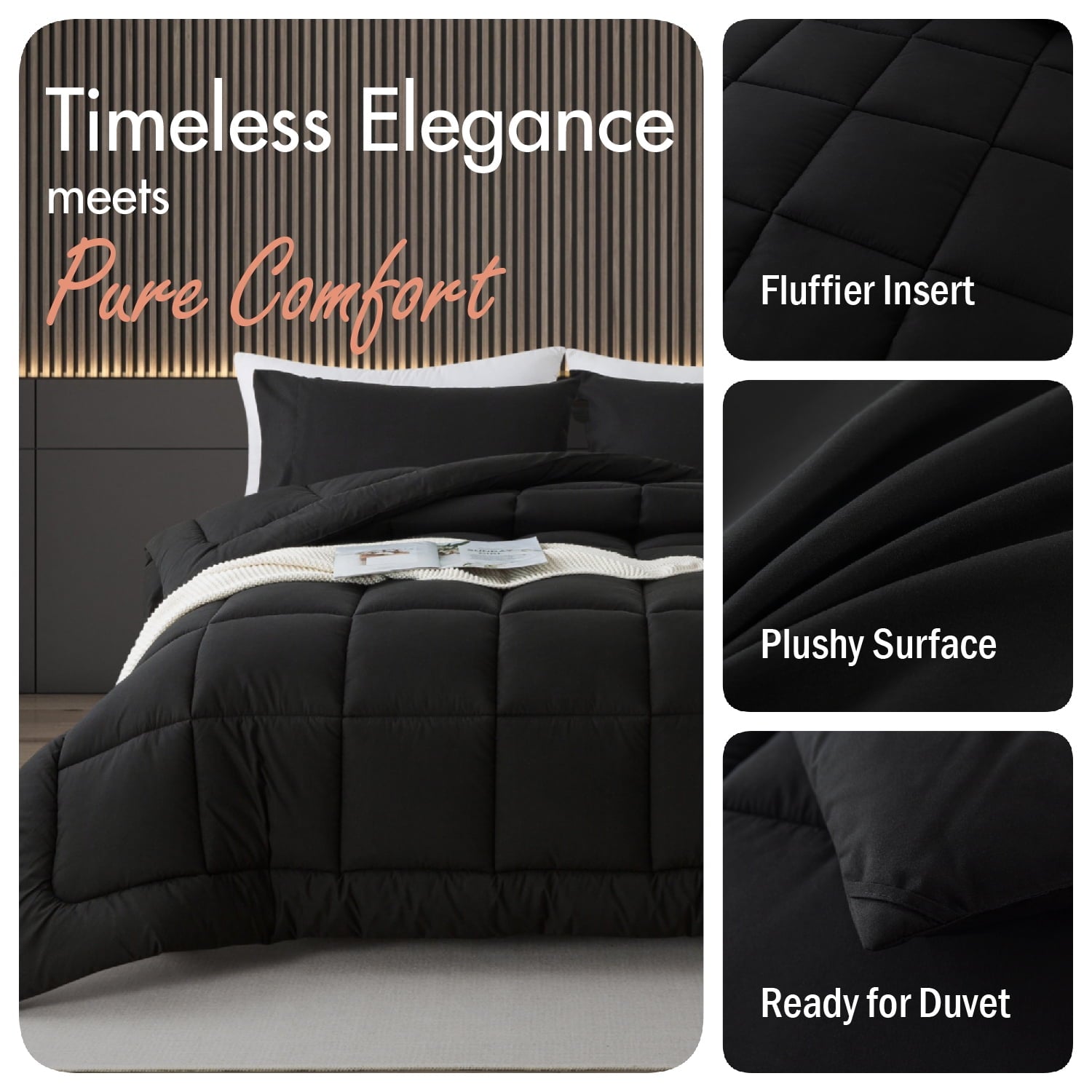 Hypoallergenic Cloud Queen Size 3-Piece All-Season Down Alternative Comforter Set Deep Black (Comforter and Pillowcase Bedding Set / bed i... - Cloud-Like Soft Lightweight Bed Comforter Detail